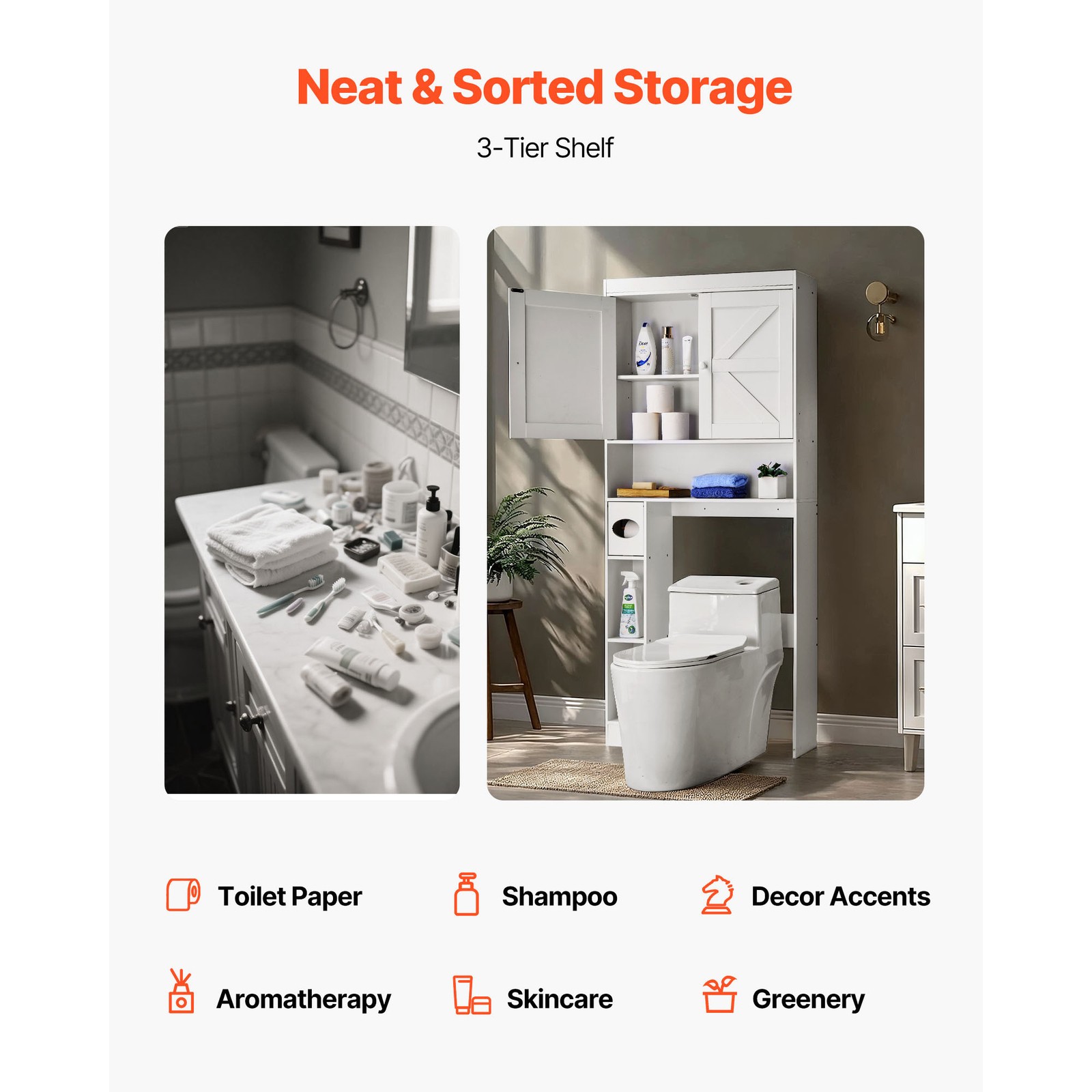 Over The Toilet Storage Cabinet for Bathroom with Adjustable Shelf White 67.4" H