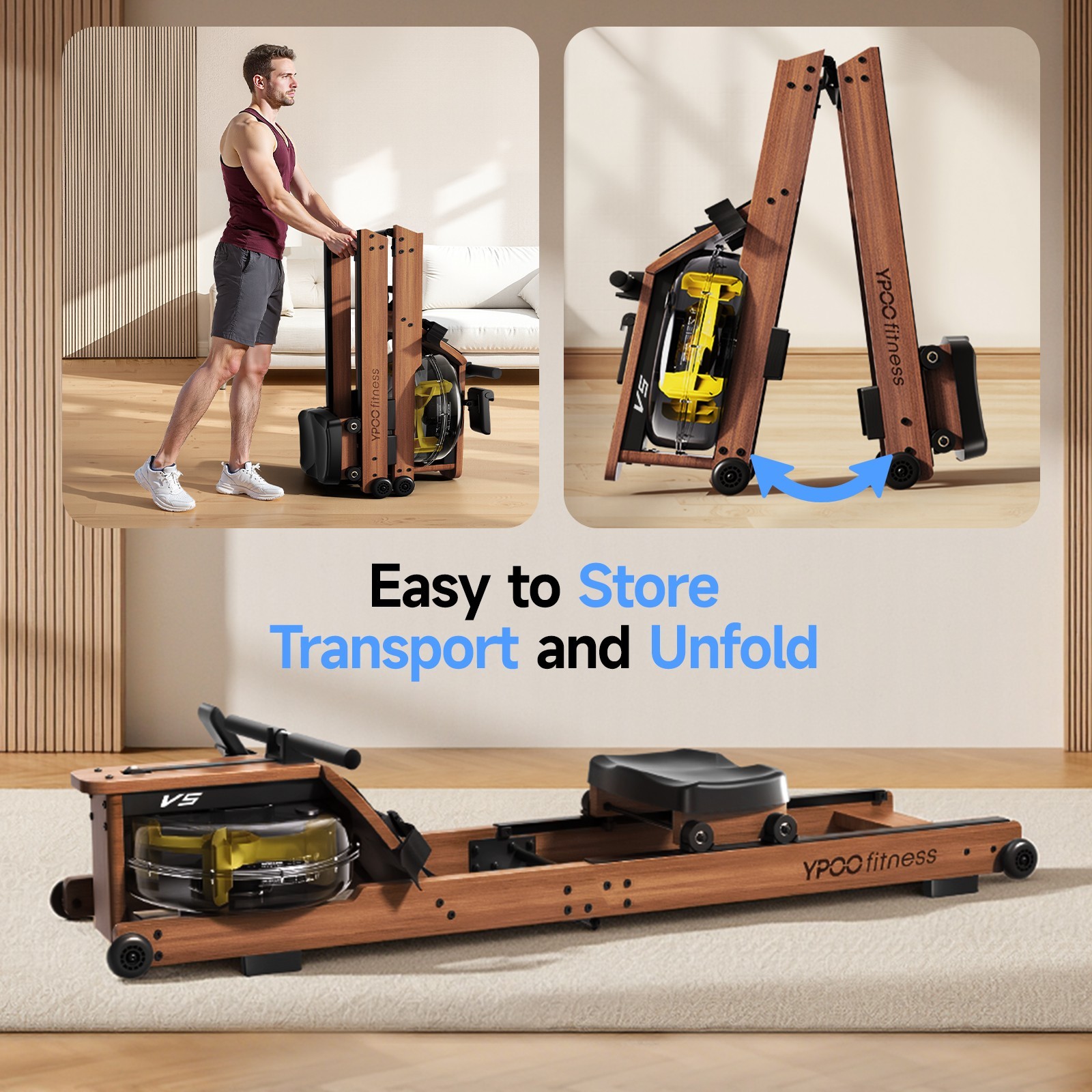 Foldable Rowing Machine Wood 350LBS Capacity Smooth Space-Saving Design Quite