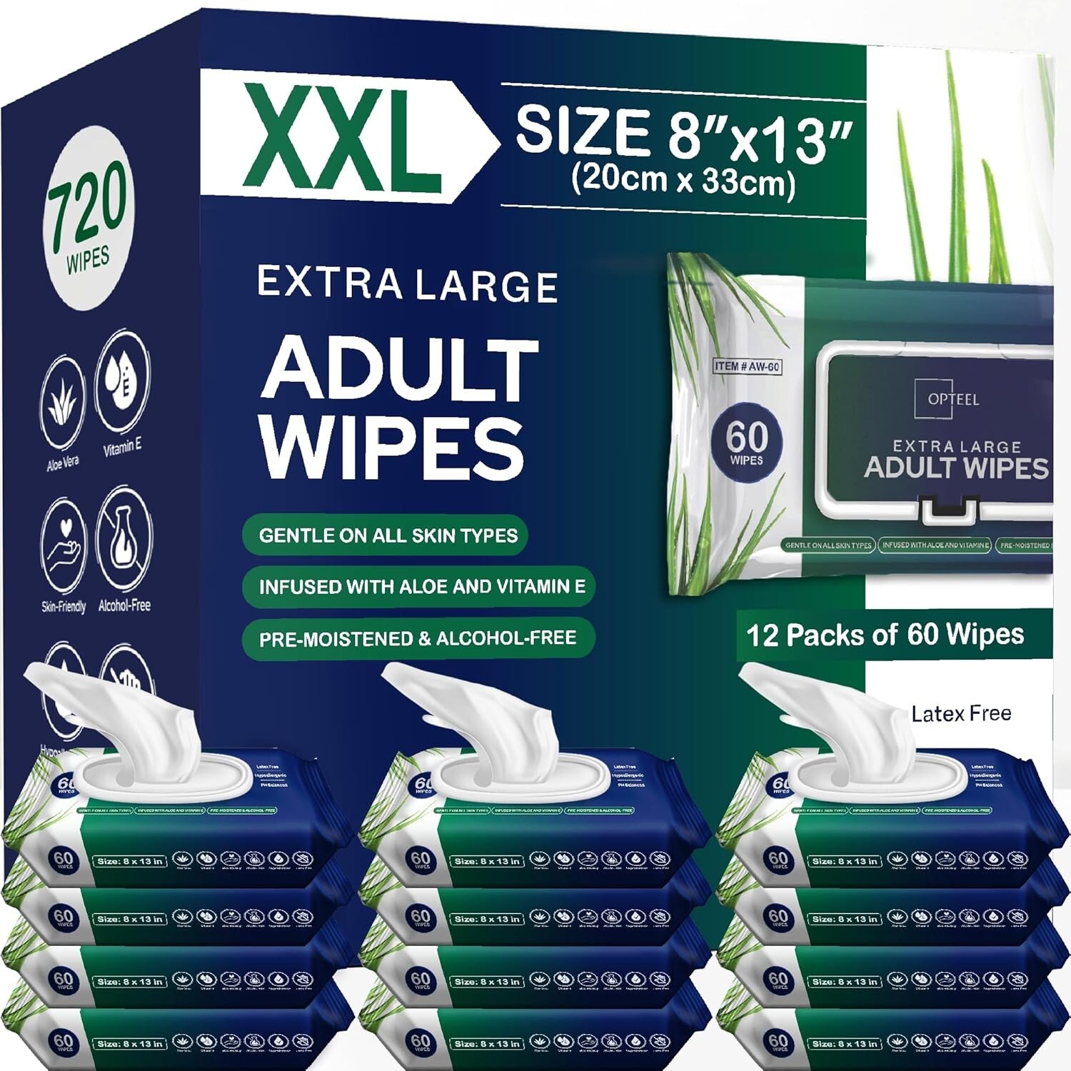 Adult Wipes For Elderly - 8"x13" 720ct  Huge & Super Soft Wipes (Not-Flushable)