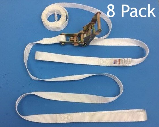 8 Pack of 1" x 15' White Tent Ratchet Straps with Sewn Loops & 1,000 lbs WLL