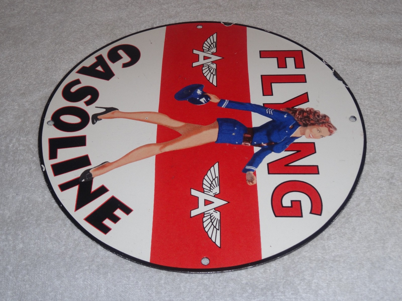 VINTAGE FLYING A AIRPLANE STEWARDESS WOMAN 11 3/4" PORCELAIN METAL GASOLINE SIGN