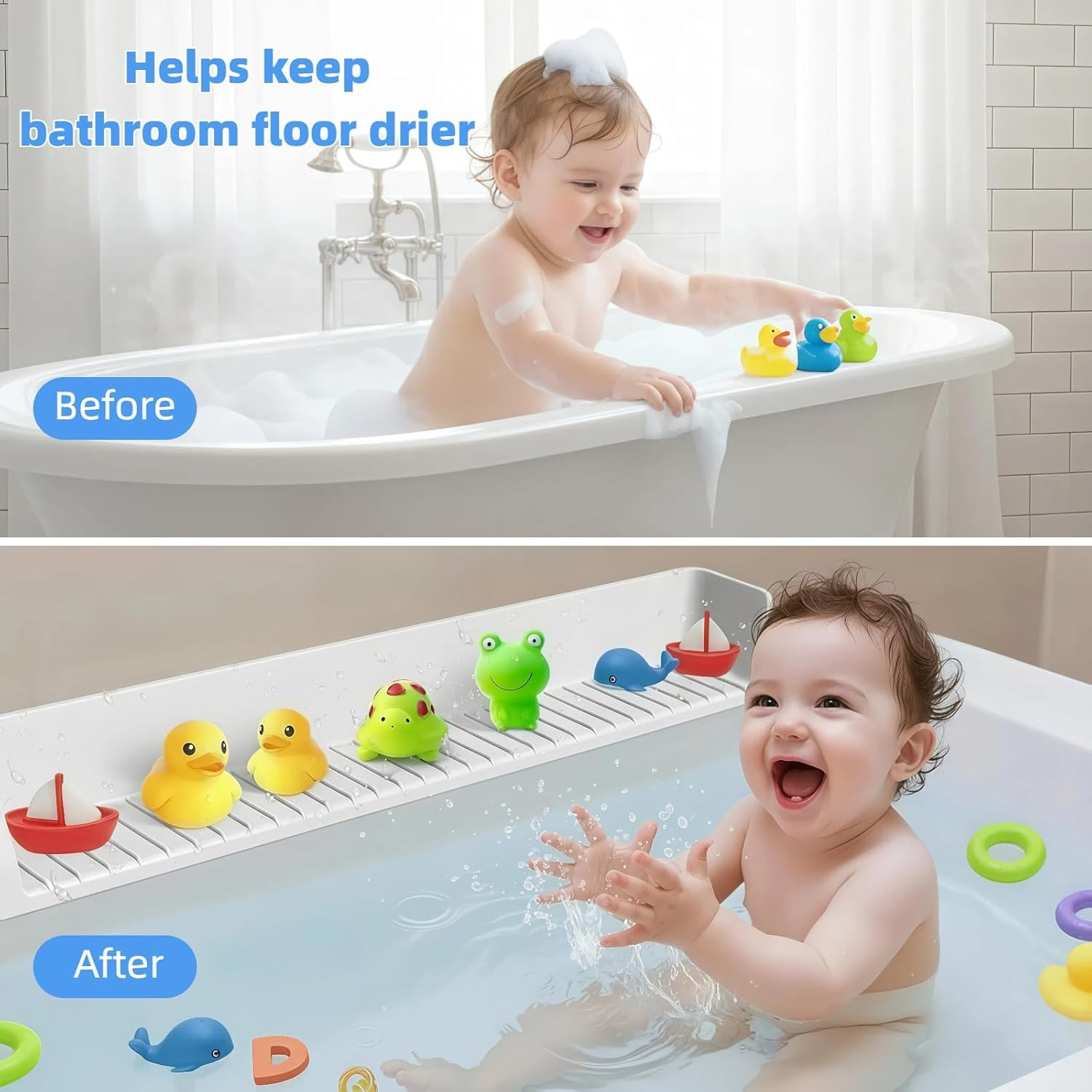 Bathtub Splash Guard with Suction Cups, Silicone Toy Tray for Kids (Grey)