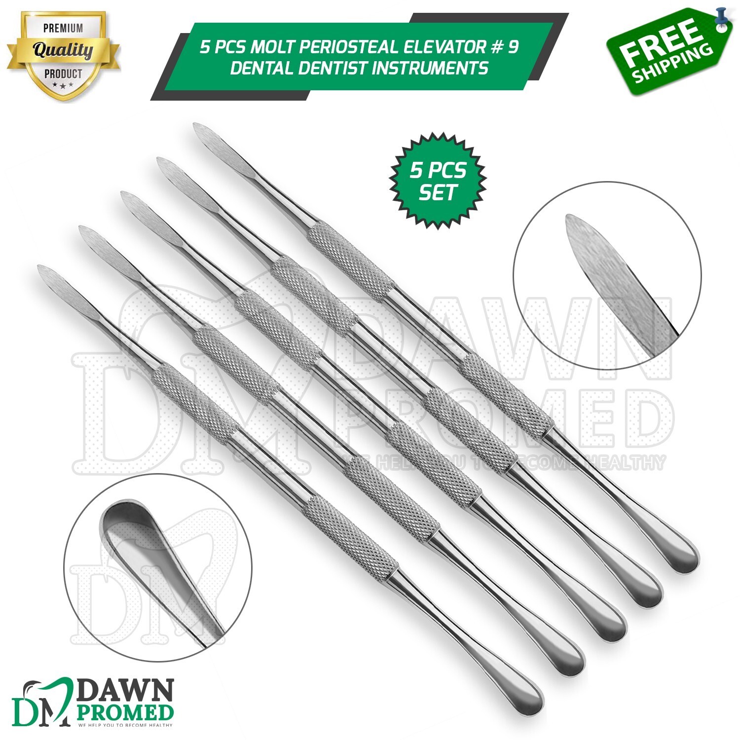 5 Pcs Molt Periosteal Elevator # 9 Double Ended Allen Dental Inst German Grade