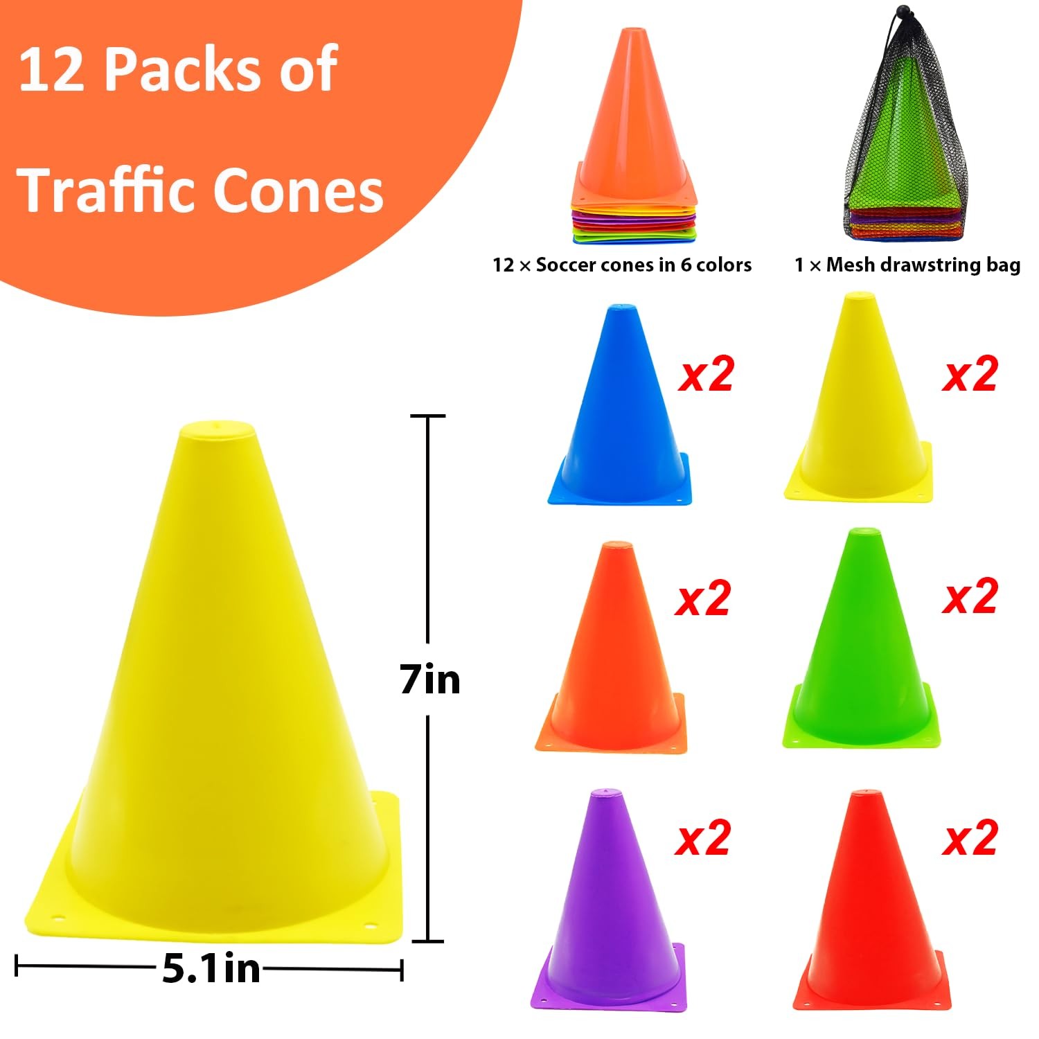 12Pcs Soccer Cones, 7" Soccer Cones for Training, Multicolor Cones Sports Soc...