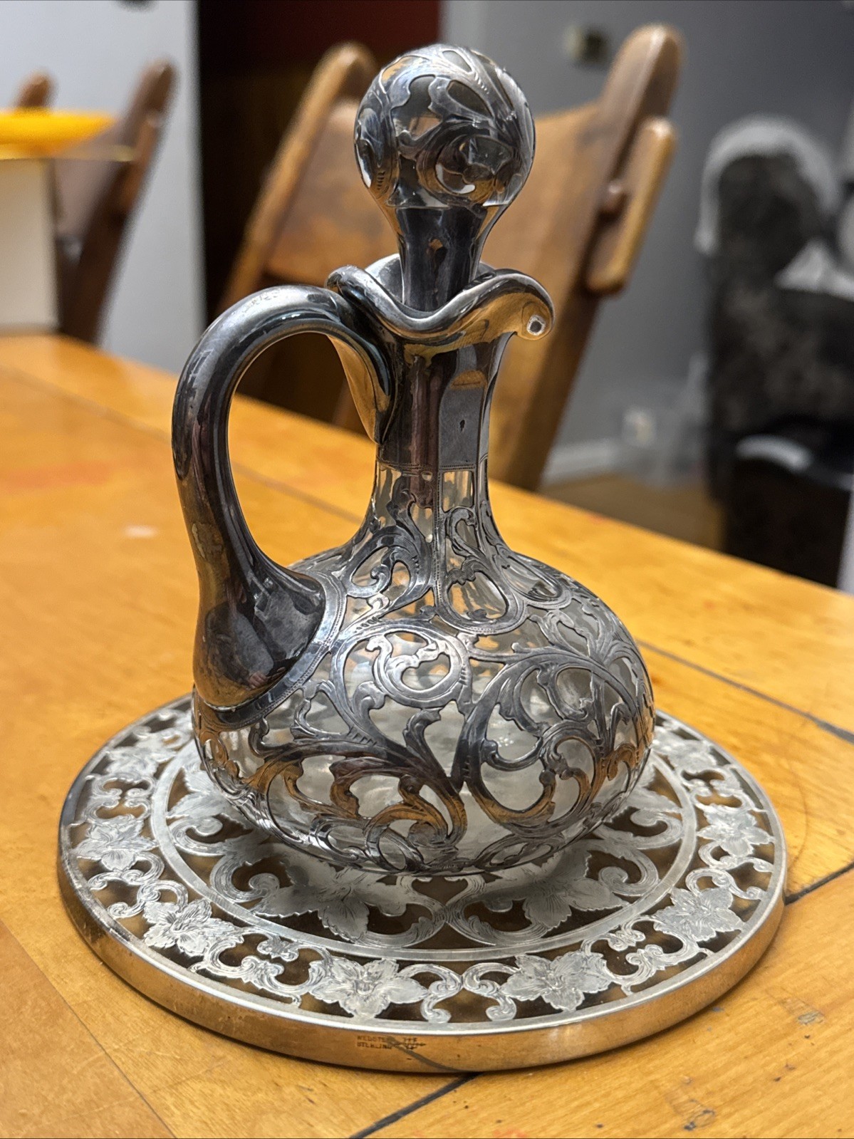 Antique Silver 999 100g Overlay Crystal Decanter /Webster Sterling Tray Unique!