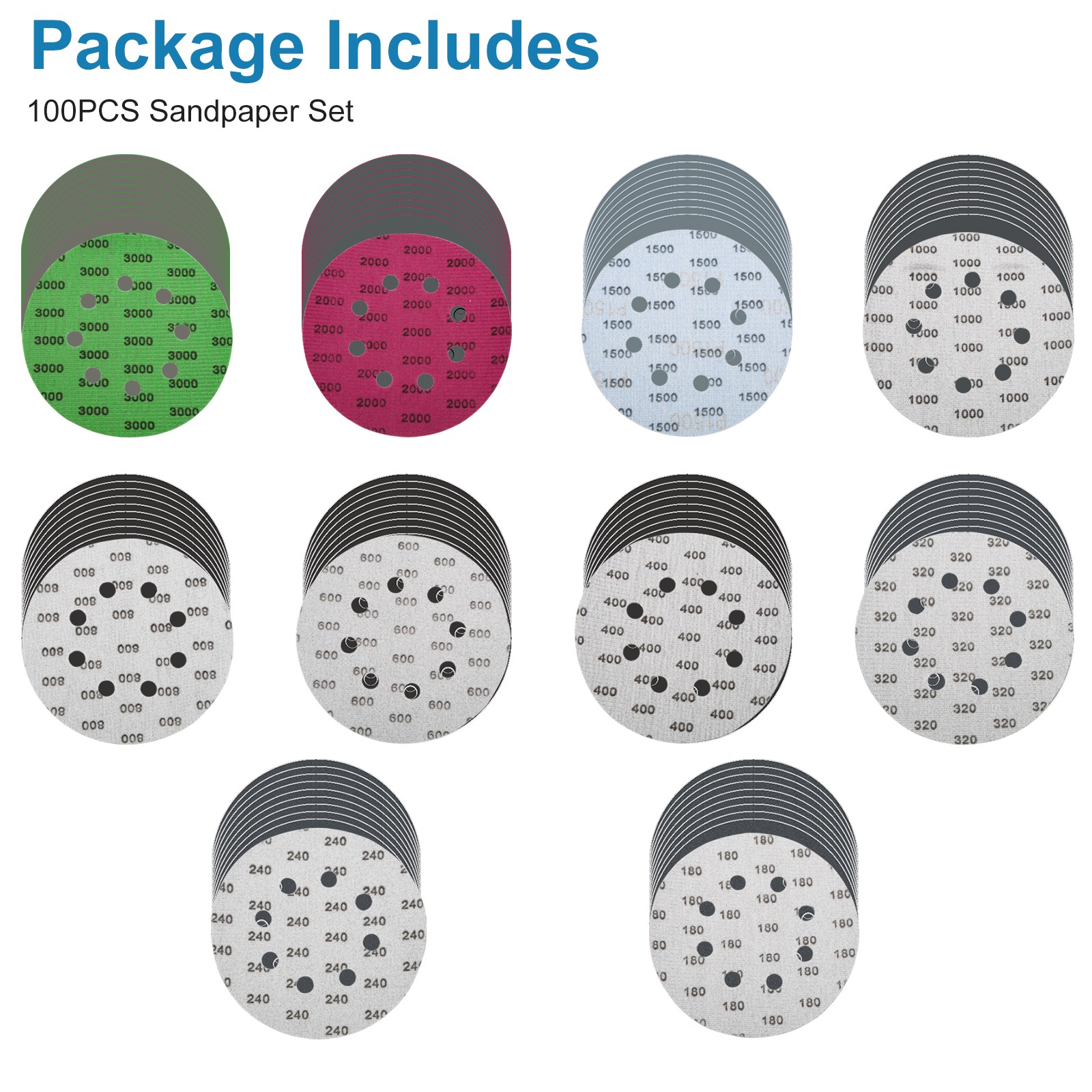 100PCS 5 Inch 8 Hole Sanding Disc Set 180-3000 Grit Hook Loop Wet Dry Sandpaper