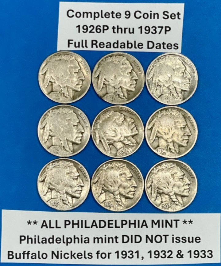 Complete Buffalo Nickels Set of 9 FULL DATE COINS 1926P to 1937P ~ SHARP COINS!