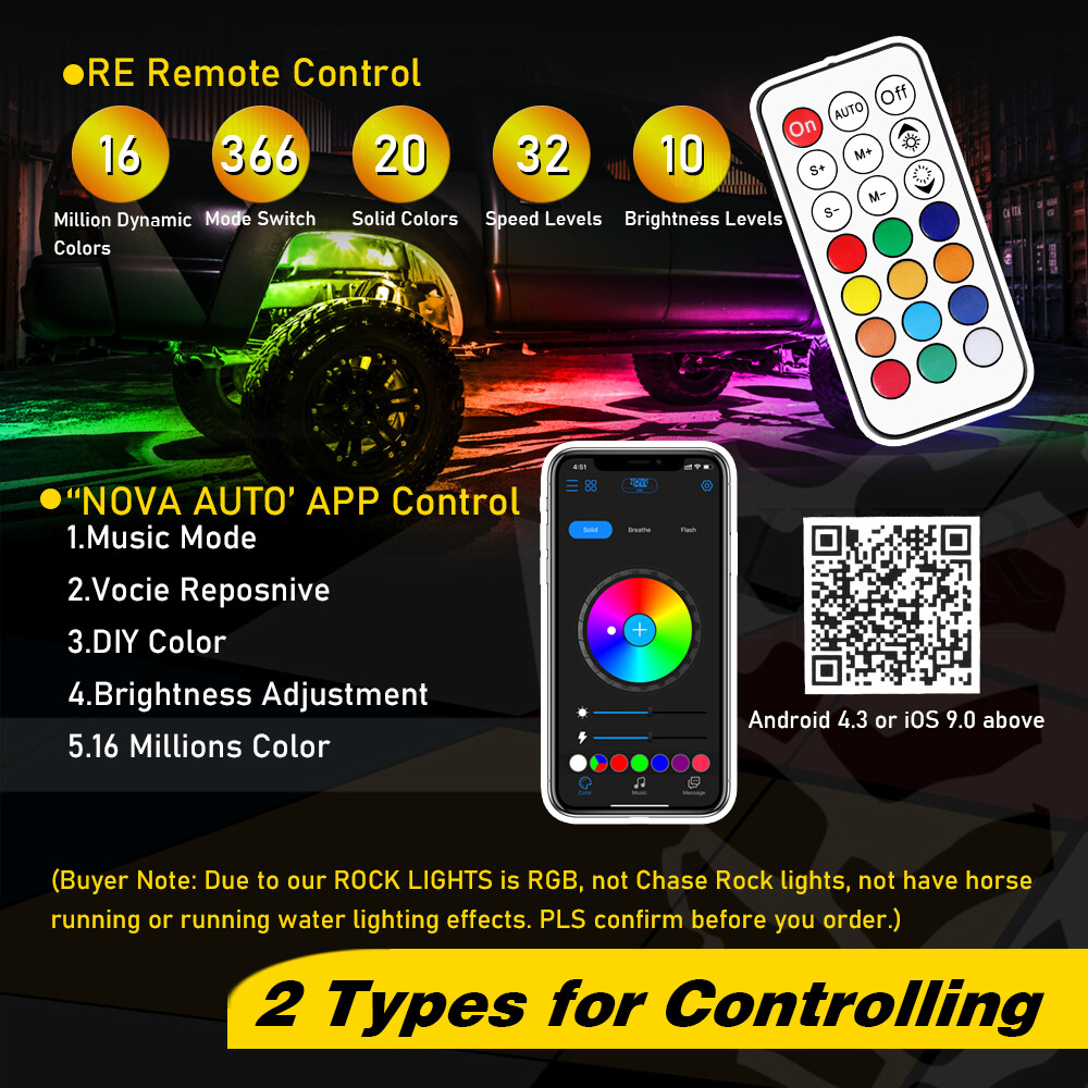 RGB LED Rock Lights 8-Pods Wireless Bluetooth Music Multi Color ATV UTV 4WD RZR
