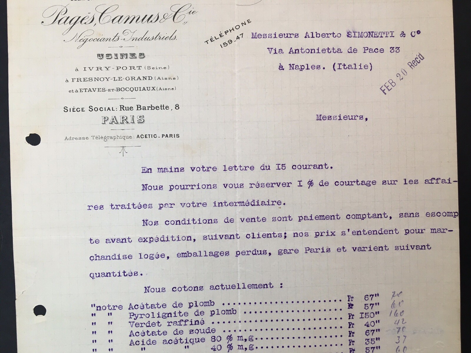 1906 Pages Camus & Cie Letterhead / Letter in French Regards to Chemical Order