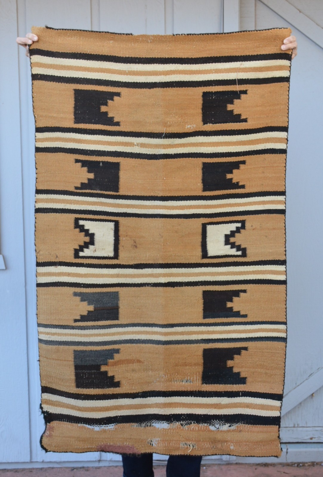 Old Navajo Rug - Striped Banded Pattern with Kiva Step Geometric - 53" x 32"