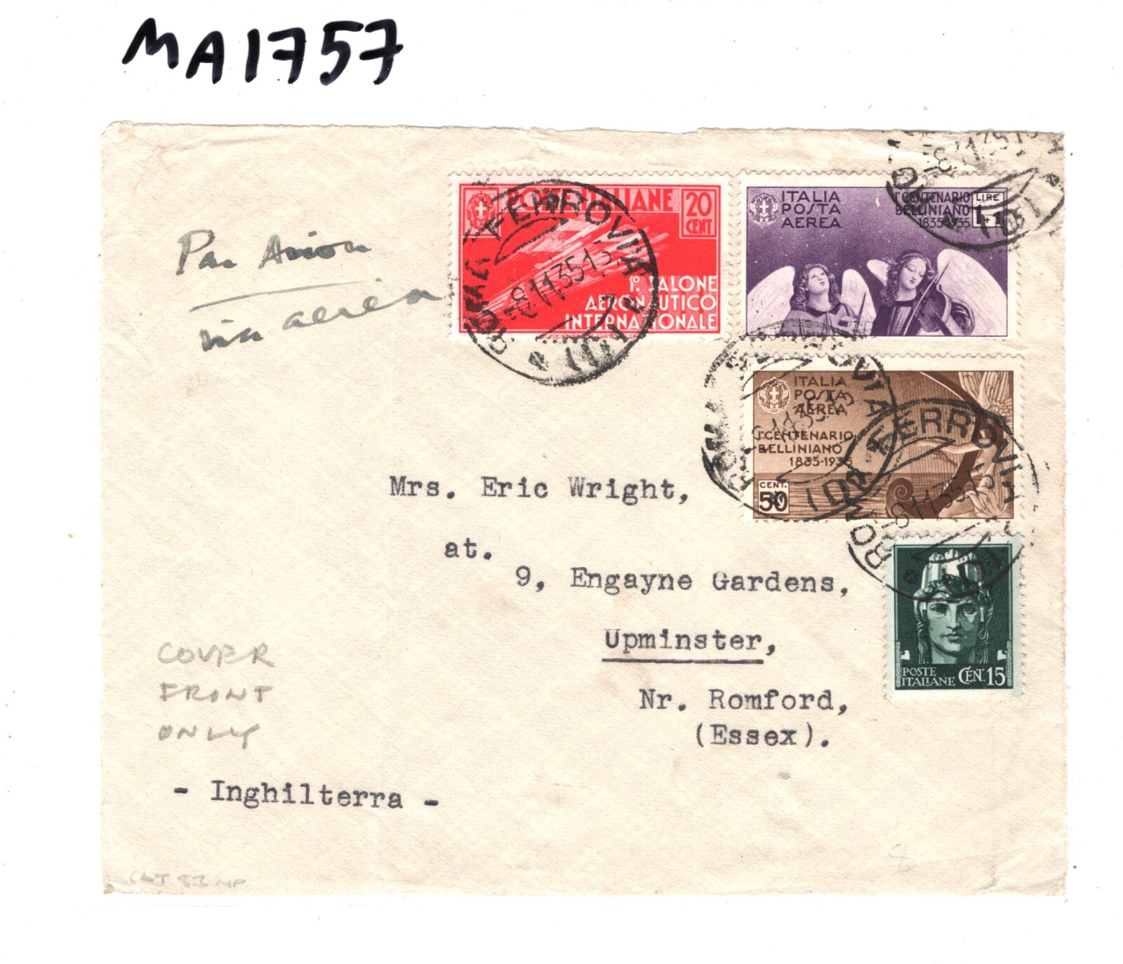 ITALY Air Mail BELLINI 1L+1L *ANGELS* Rome 1935 Cover Front {samwells}MA1757