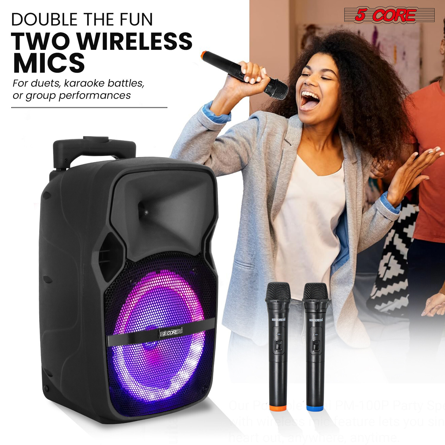5Core 8 Inch Portable PA System 500W Bluetooth Party Speaker + 2 Wireless Mic