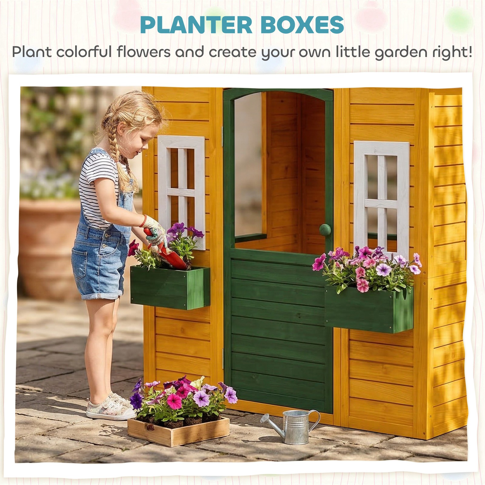 Qaba Outdoor Playhouse, Wooden Kids Playhouse with Door, 2 Flower Boxes