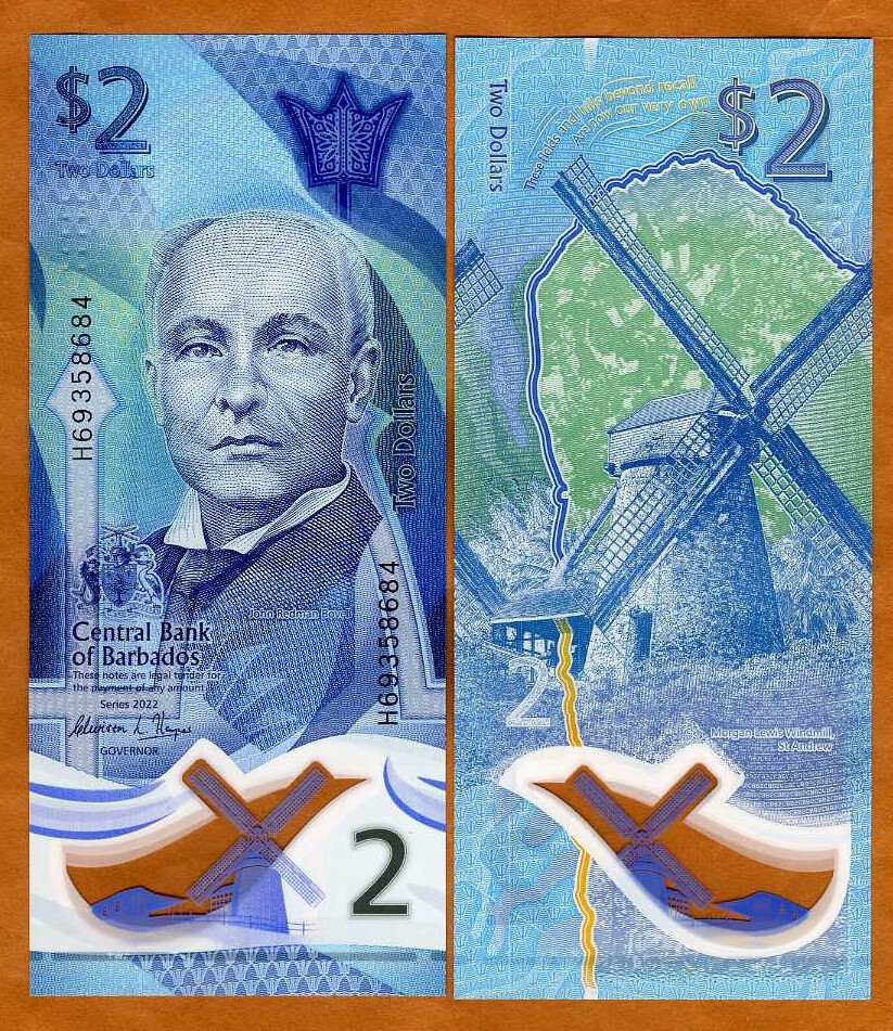 Barbados, $2, 2022, P-New, Polymer, UNC New Design