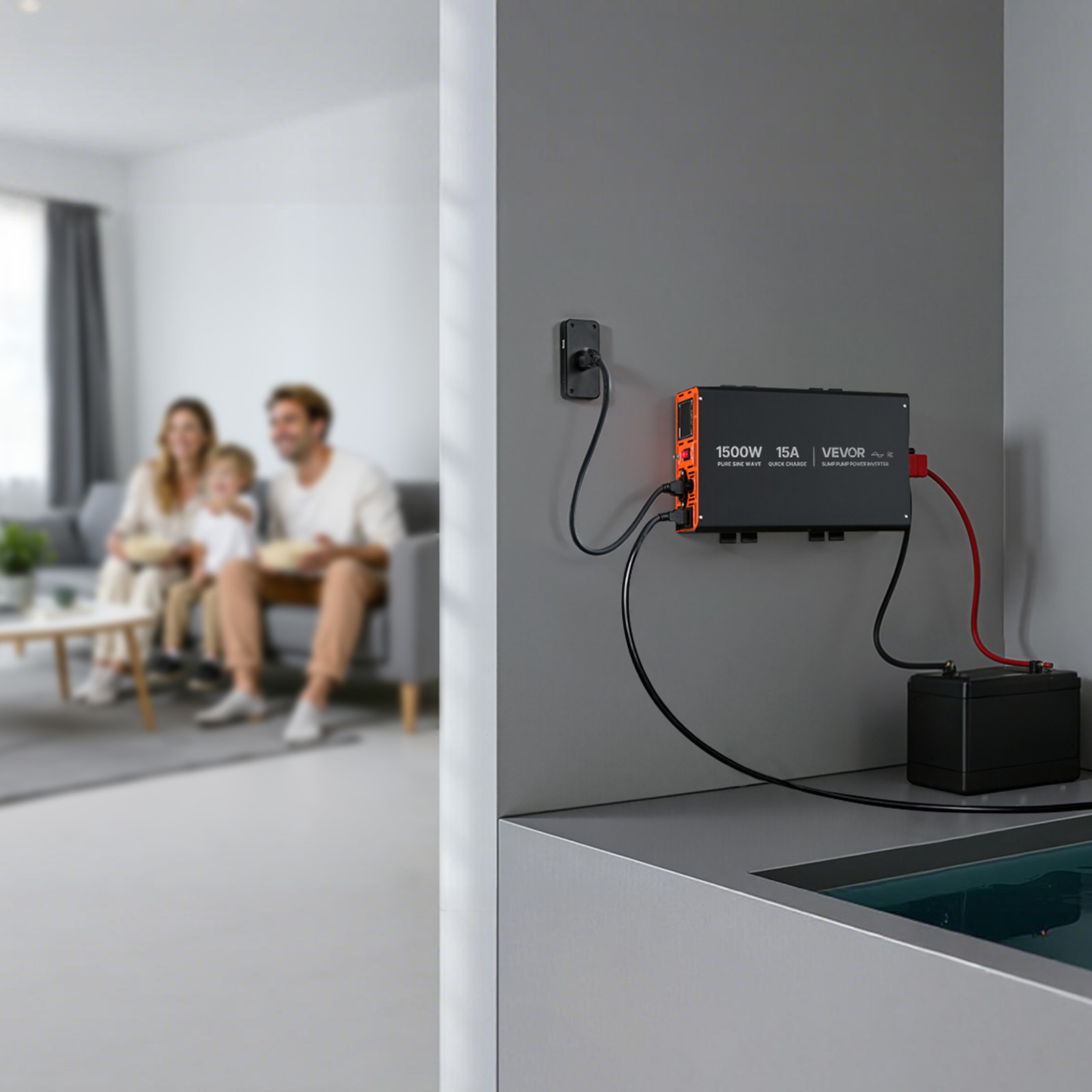 VEVOR 1500W Sump Pump Battery Backup System LCD Pure Sine Wave Power Inverter