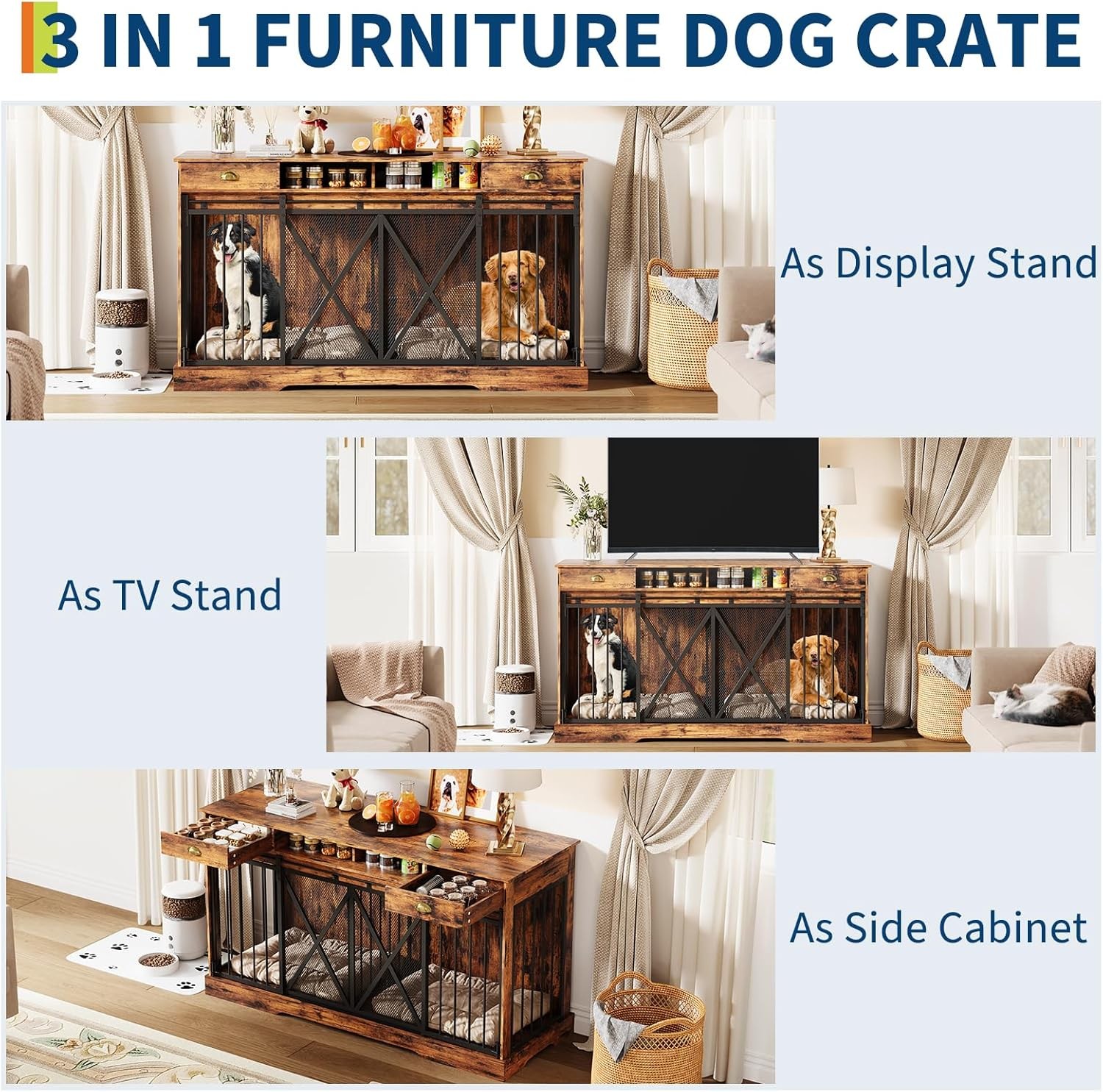 63 inch Wooden Double Dog Crate Dog Kennel Furniture TV Stand w/Divider& Drawers