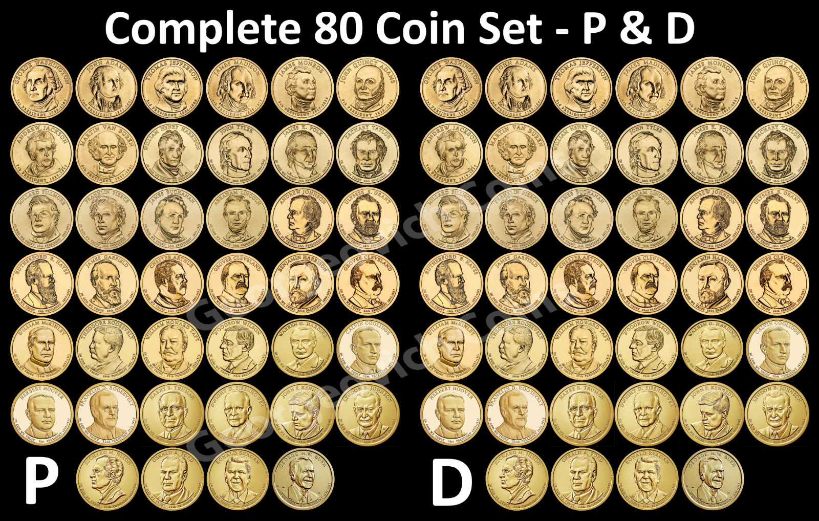 COMPLETE P&D Presidential Dollar Full Set IMPERFECT UNCIRCULATED 80 Coins MINT