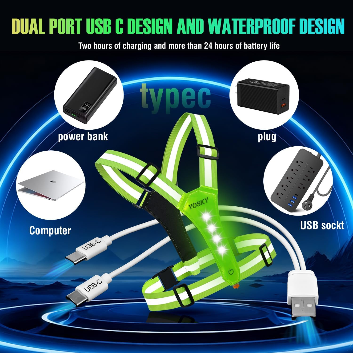 8 LED Running Reflective Gear Rechargeable Adjustable Running Lights Vest Safety