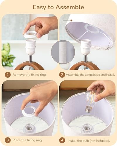 13.4" Small Table Lamp, Wood Nightstand Lamp with Beige Linen Mid Century