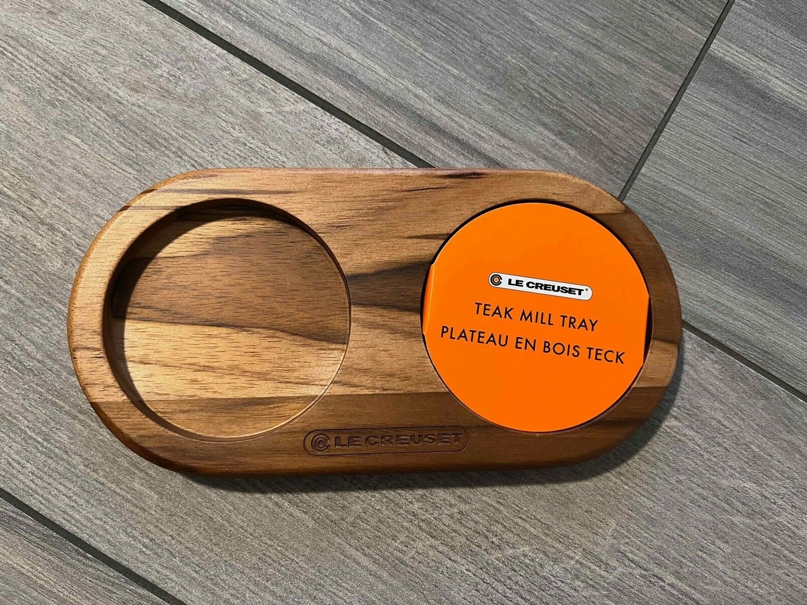LE CREUSET MILL TRAY TEAK WOOD, SALT AND PEPPER HOLDER, NWT