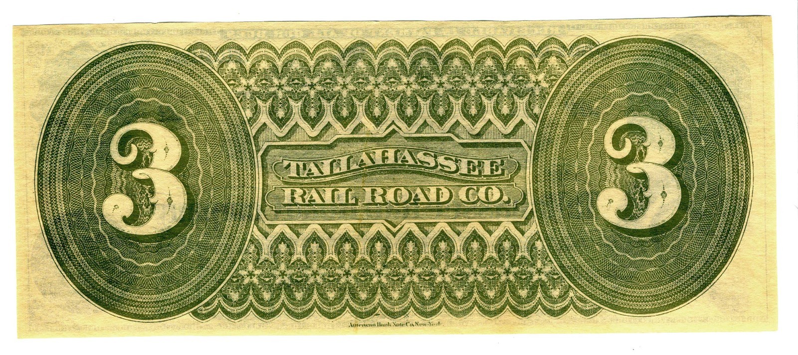 CURRENCY – TALLAHASSEE RAIL ROAD COMPANY - $3 – UNISSUED -NM CONDITION - CRISP