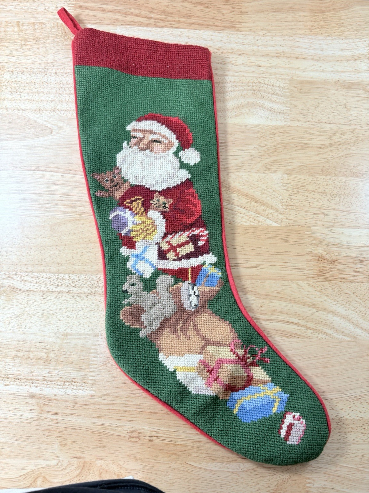 VTG Wool Needlepoint Christmas Stocking Santa Squirrel Bear Presents Felt 22”