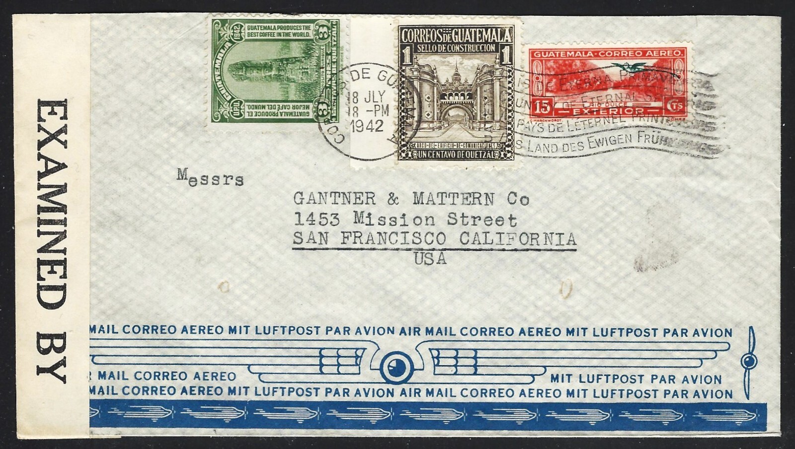 GUATEMALA 1942 COVER HEAVY CREAM CENSOR PAPER