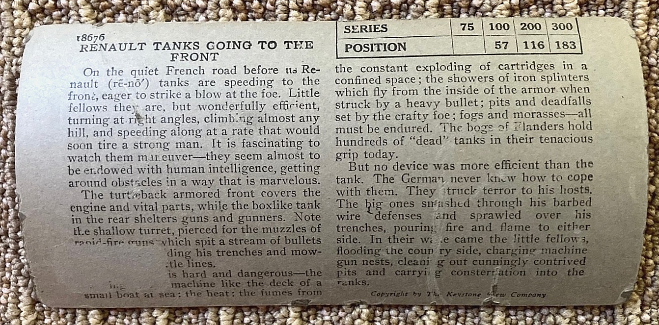 WW1 FRENCH RENAULT FT TSF TANKS GOING INTO FRONT LINE STEREO PHOTO c1917