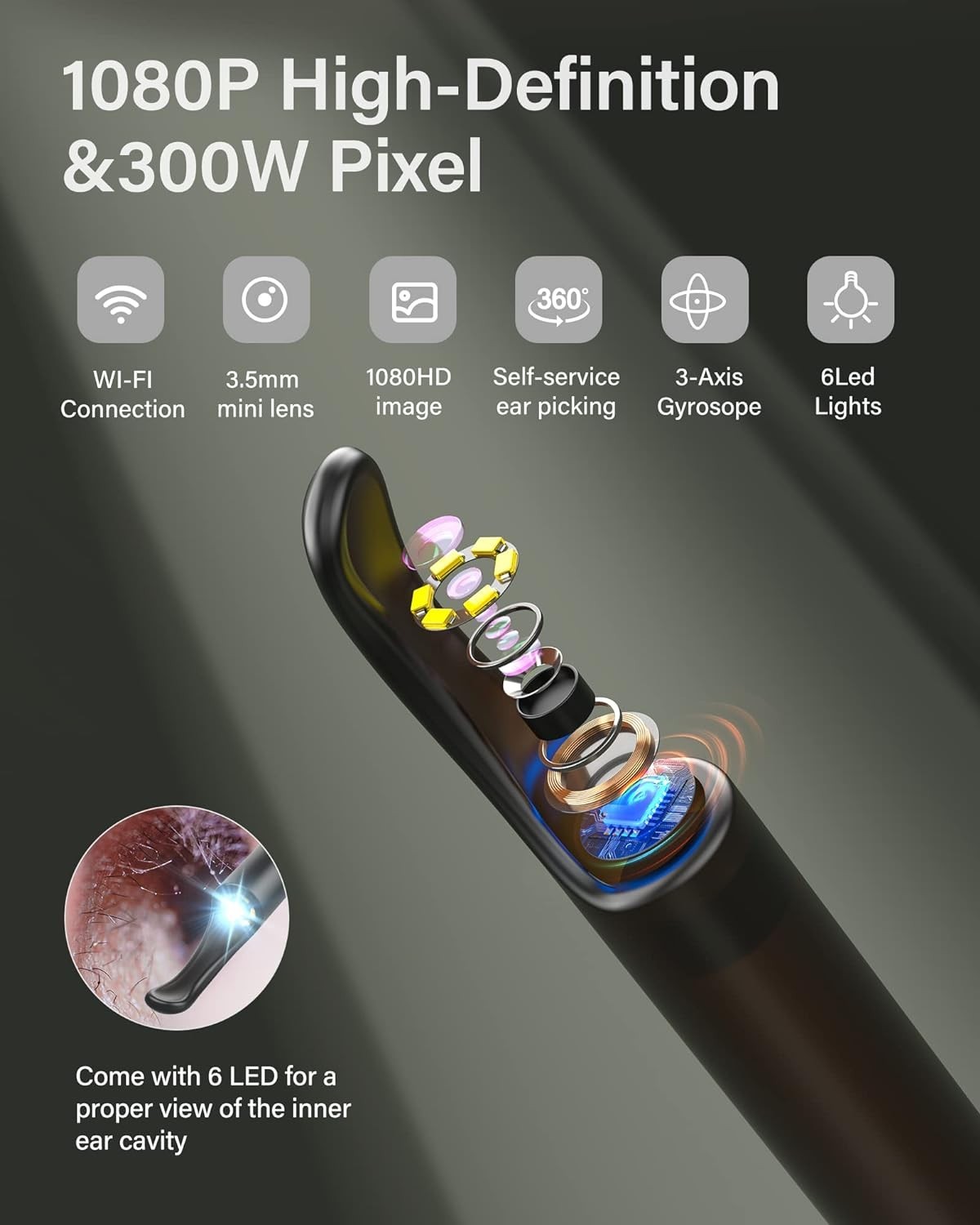 Earwax Removal Tool 1080P HD Otoscope with 6 LEDs Light XLife