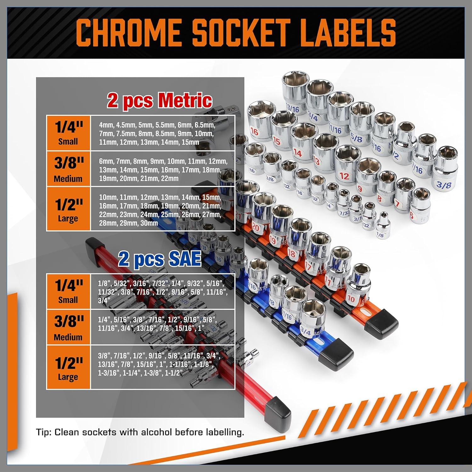 6PC Double Sided Socket Holder Organizer 1/4 3/8 1/2 Driver Shallow Deep Socket