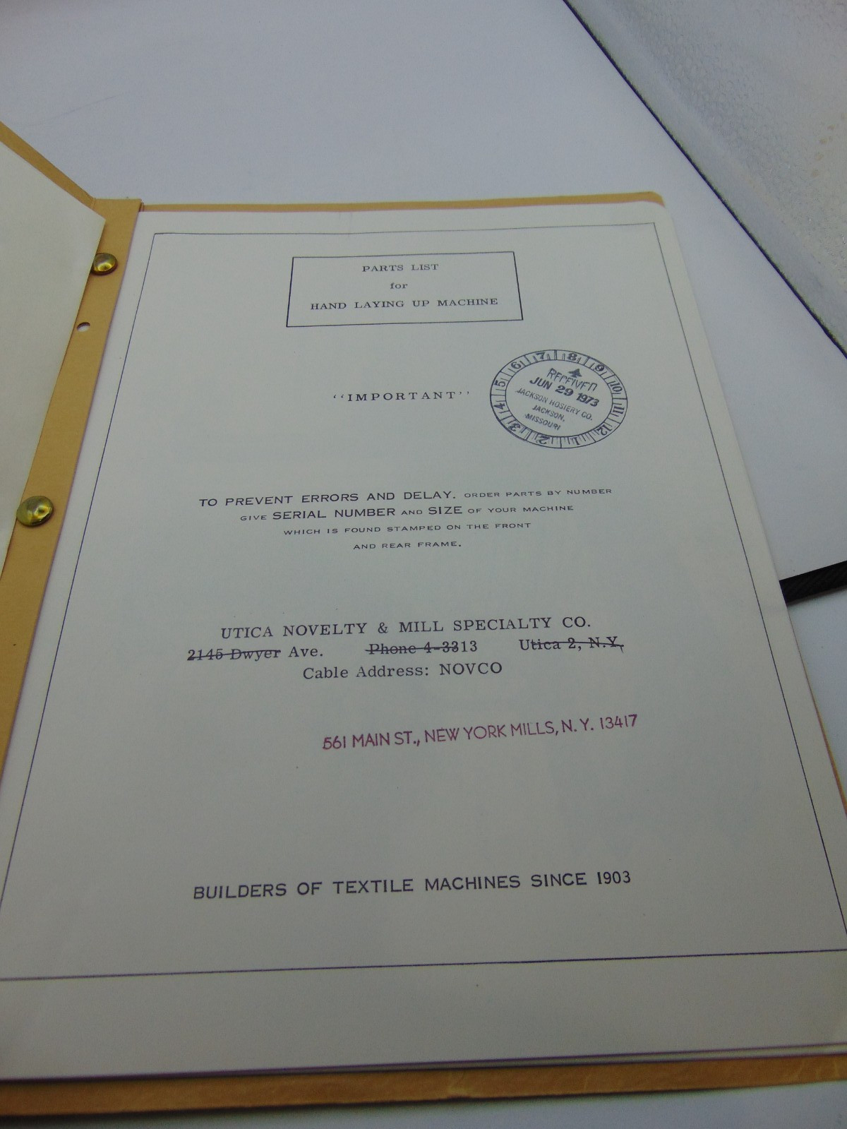 Vintage Parts List Hand Laying up Machine Utica Novelty & Mill Specialty