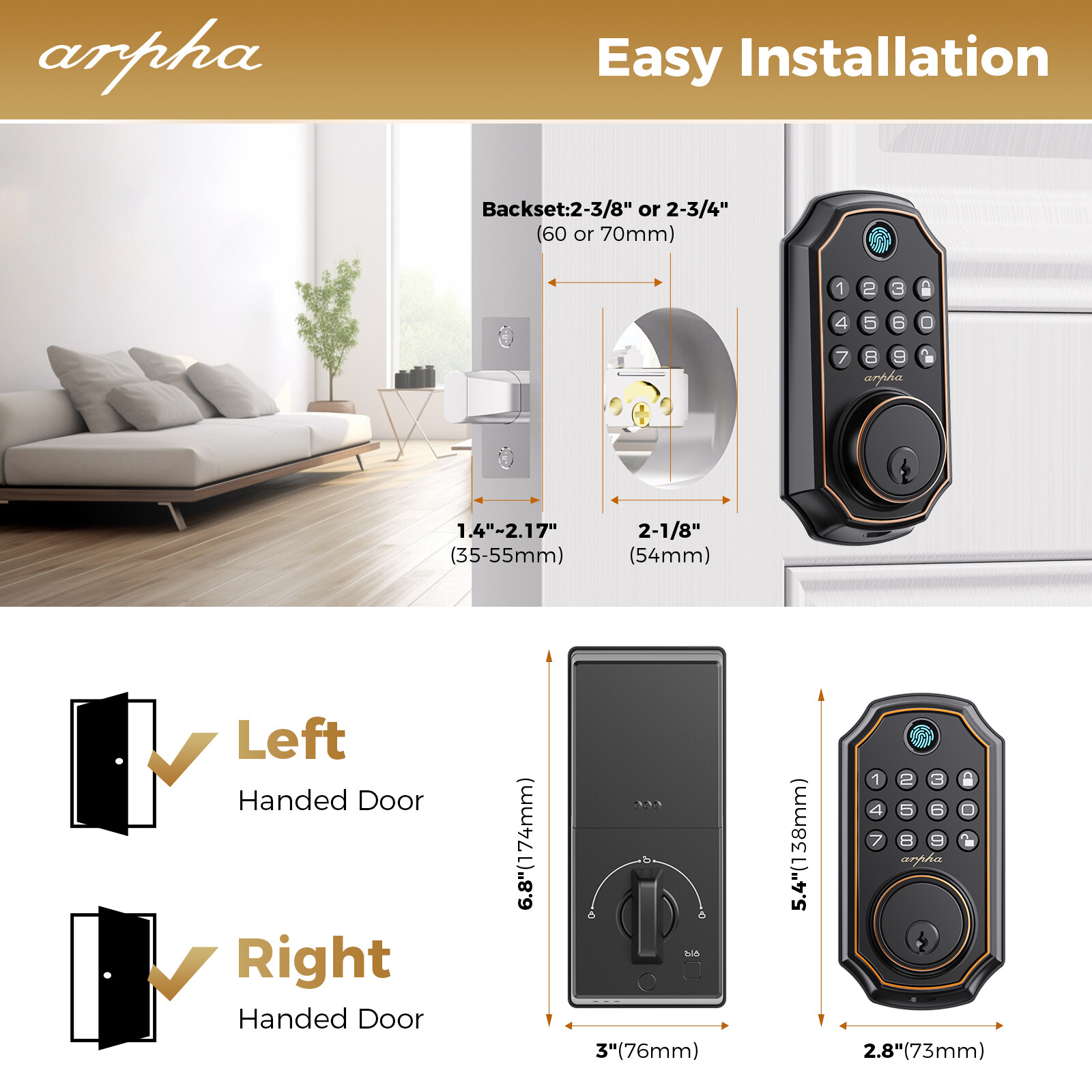 ARPHA Fingerprint Door Lock Biometric Smart Lock APP Bluetooth Keyless Deadbolt