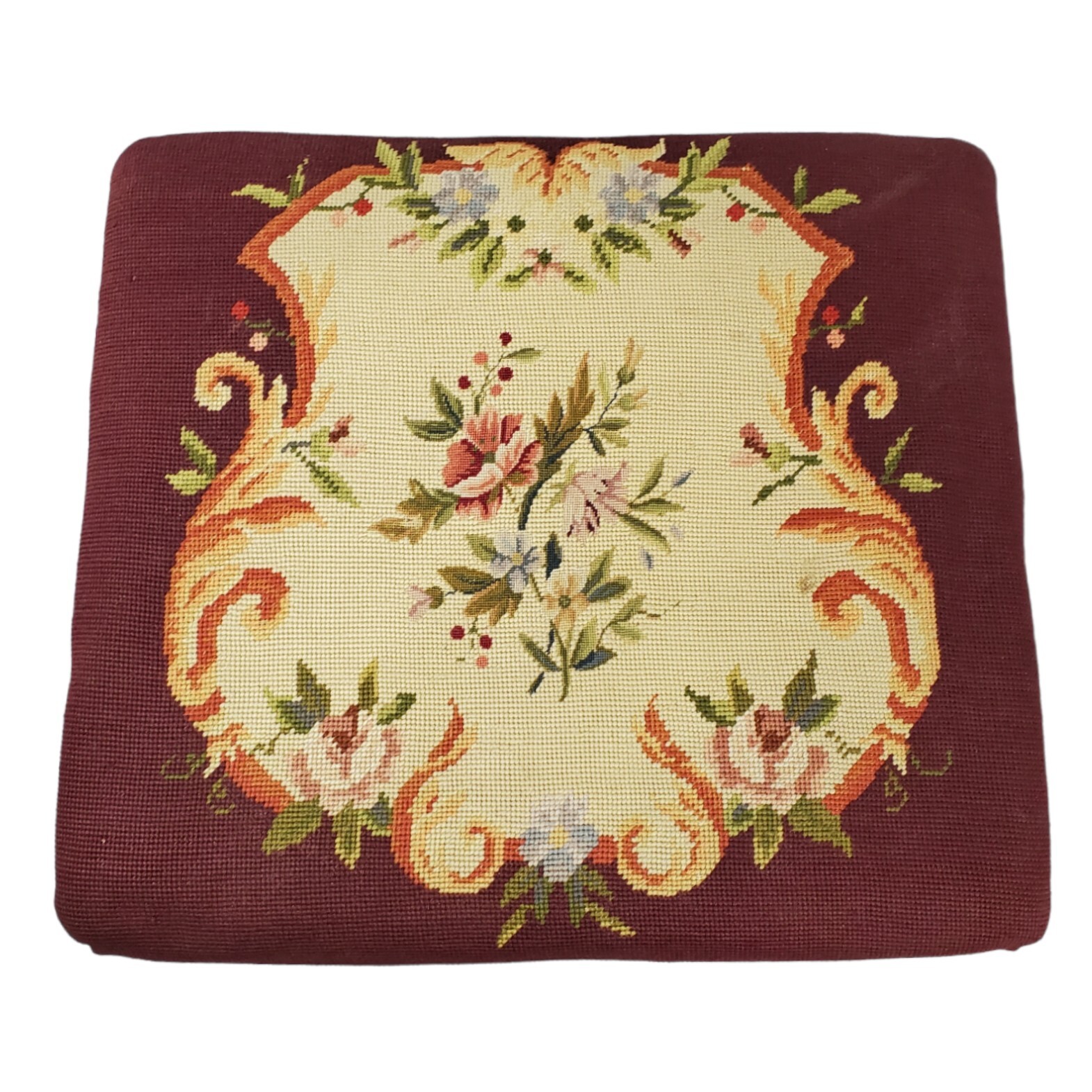 Antique Ottoman Footstool Needlepoint Top English Oak Bobbin Legs Granny Chic