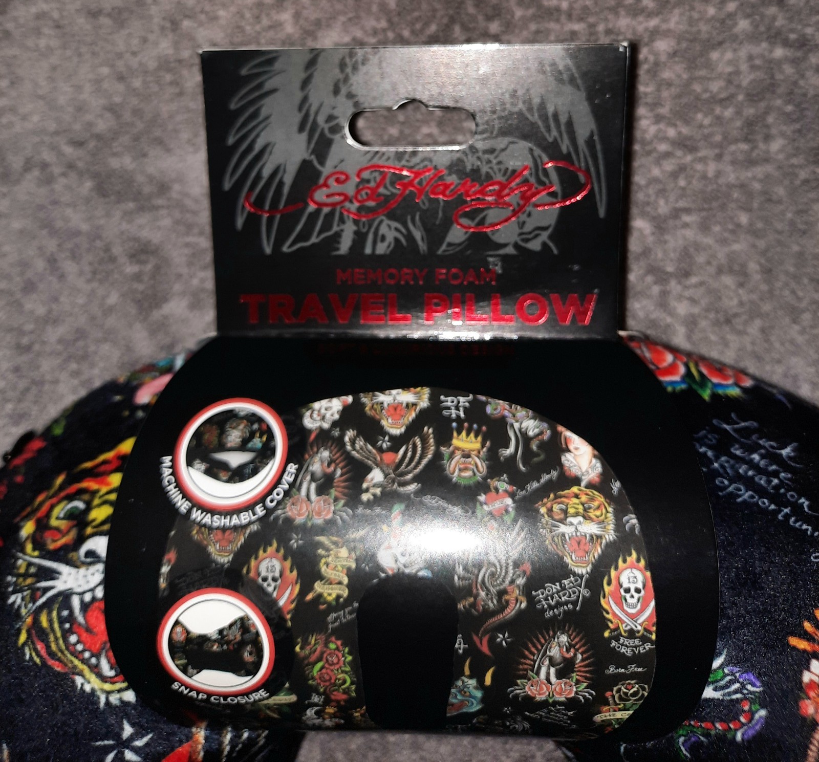 Ed Hardy Tattoo Print Neck Travel Pillow Memory Foam Removable Cover Microfiber
