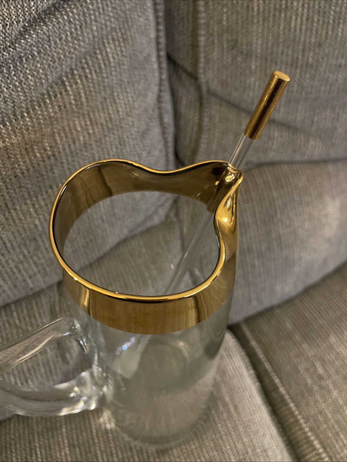 Golden by Avitra Glass Cocktail Pitcher Stir Stick Gold Rim Barware Vintage