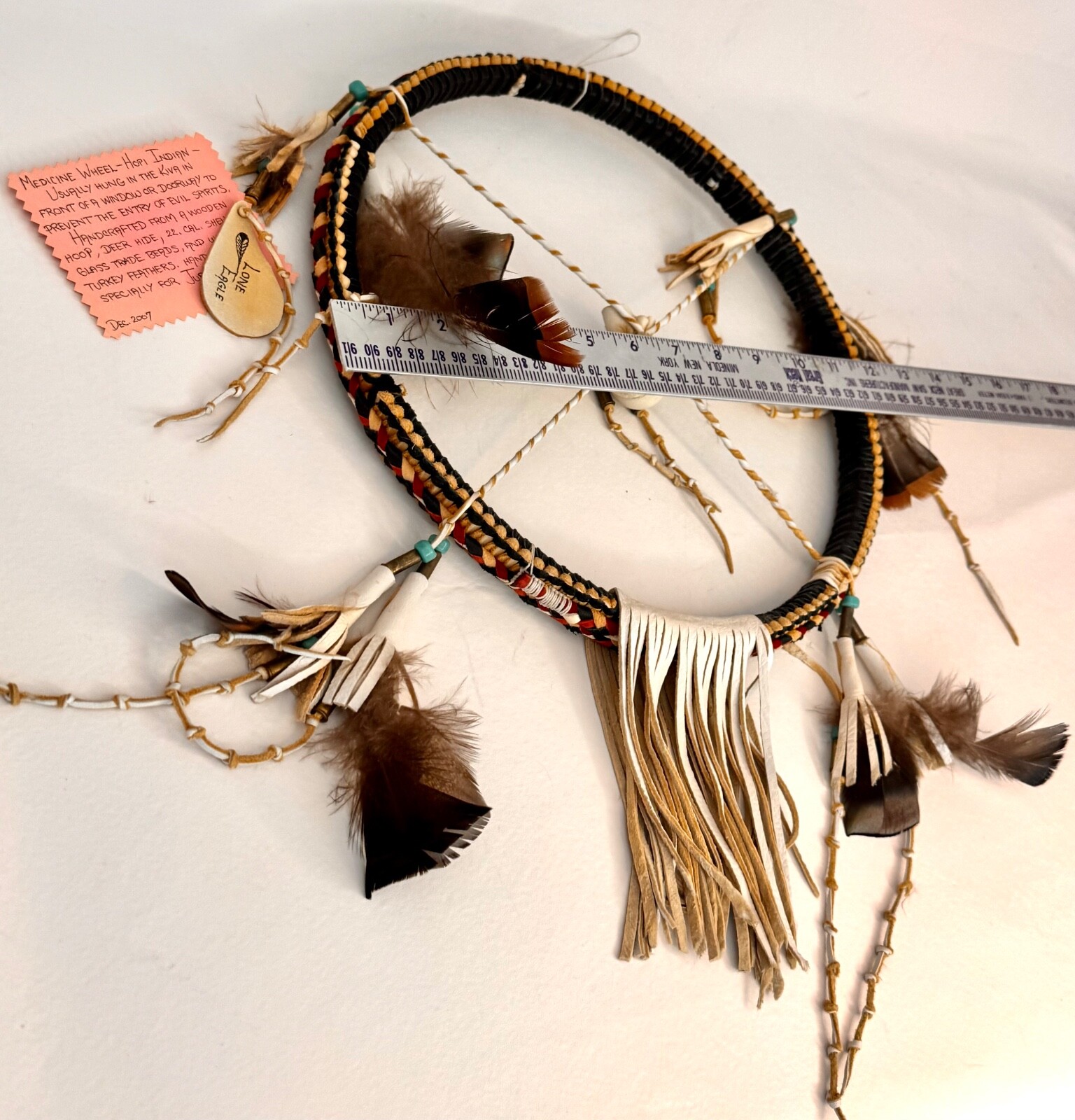 Medicine Wheel-Hopi Artist Lone Eagle Wall Art Braided Leather Wood Hoop Signed