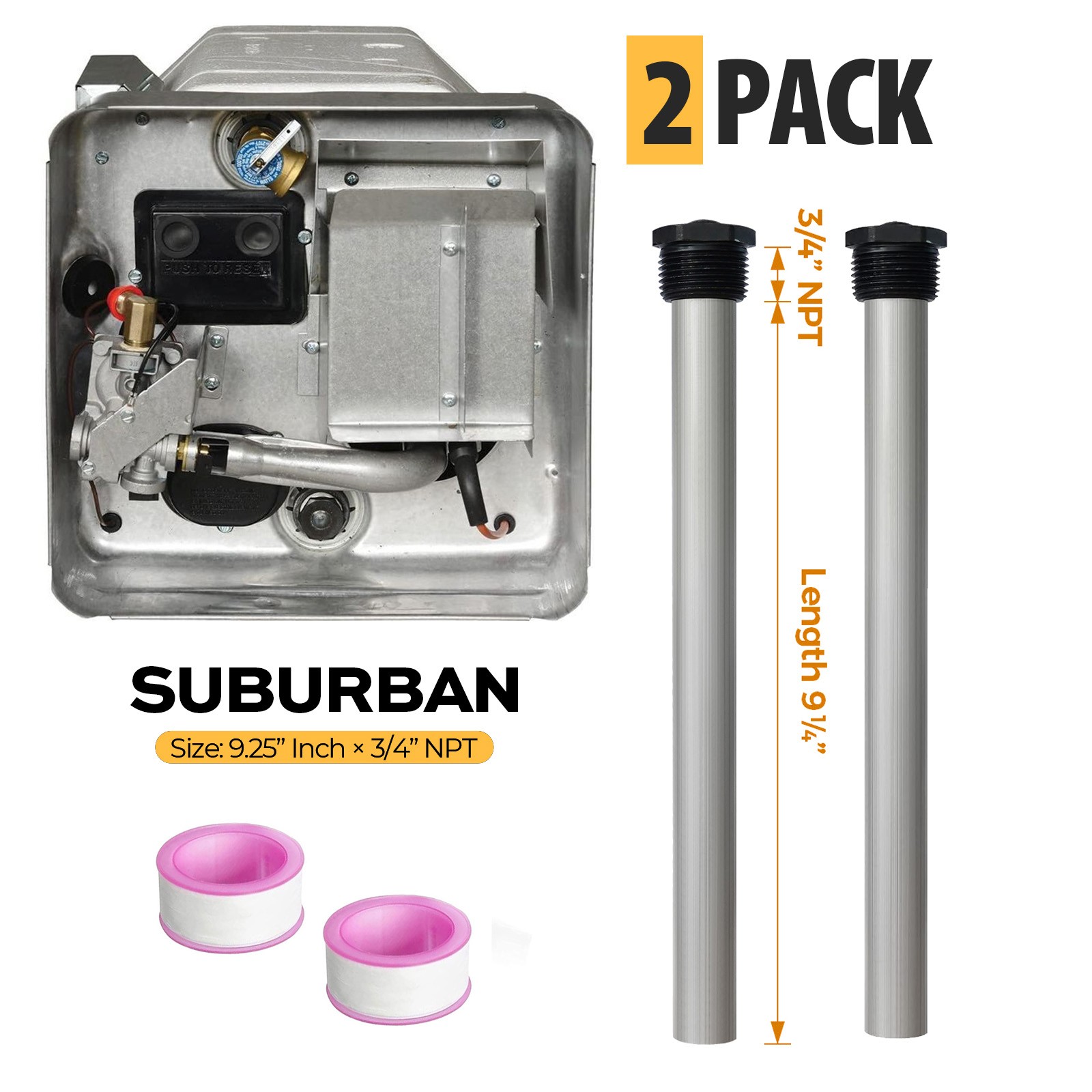 2-Pack Magnesium Anode Rod for RV Water Heater + PTFE Tape For Suburban