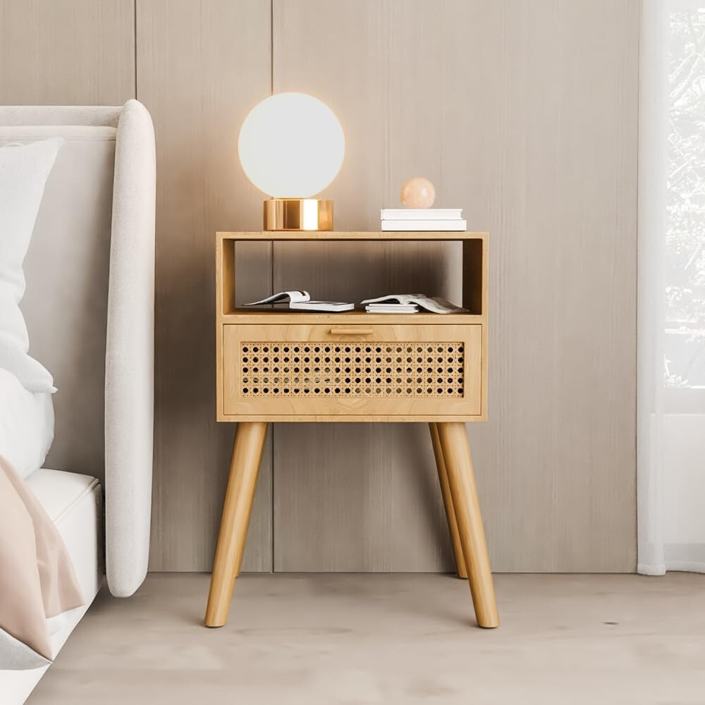Nightstand with Rattan Door Wooden Bedside Table End Table 1 Drawer Storage