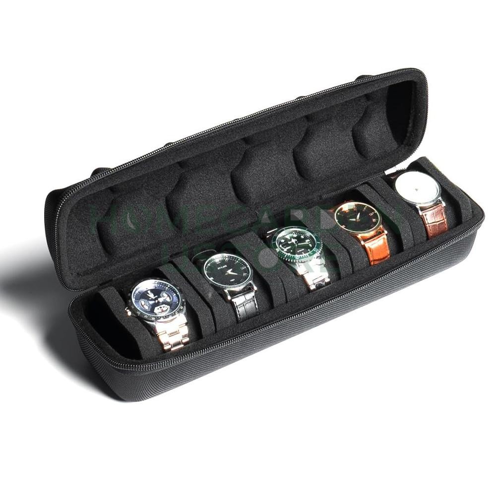 5-Compartment Portable Watch box - With Handle, Flip-Top Lid, and Soft Lining