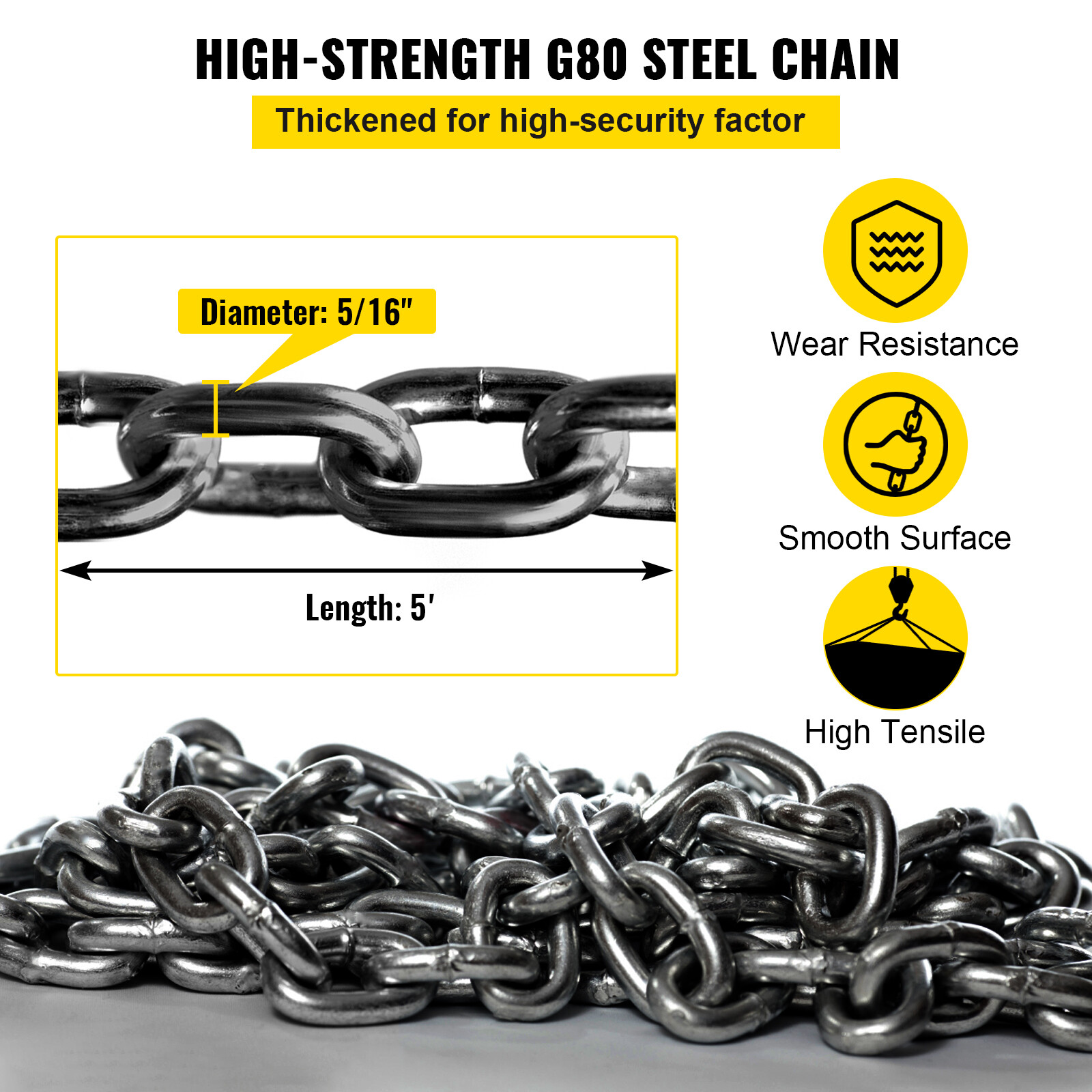 VEVOR 5/16" 5FT Chain Sling 4 Legs with Sling Hooks G80 Lifting Chain Sling