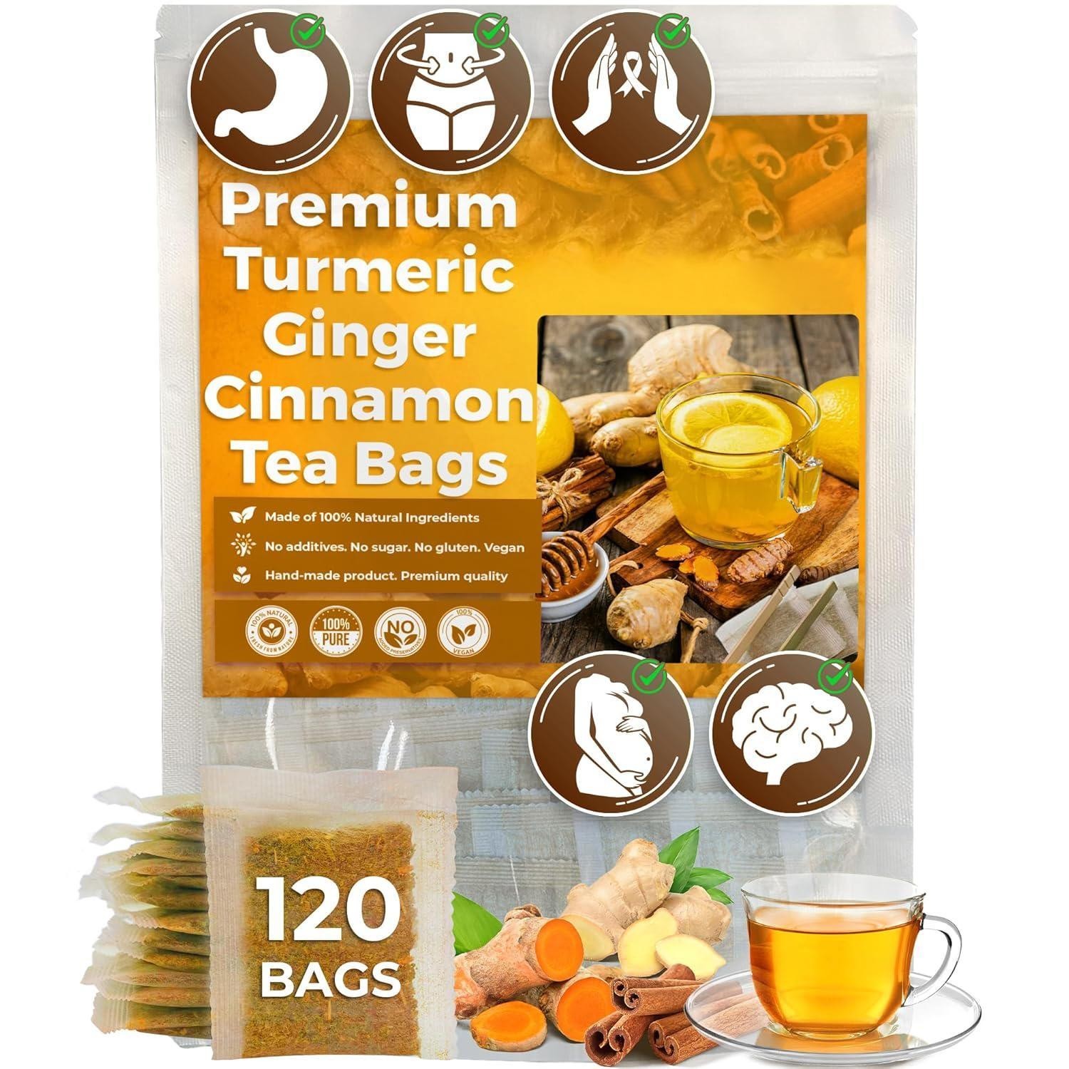 Turmeric Ginger Cinnamon Herbal Tea 120 Bags Vegan No Sugar Caffeine Free