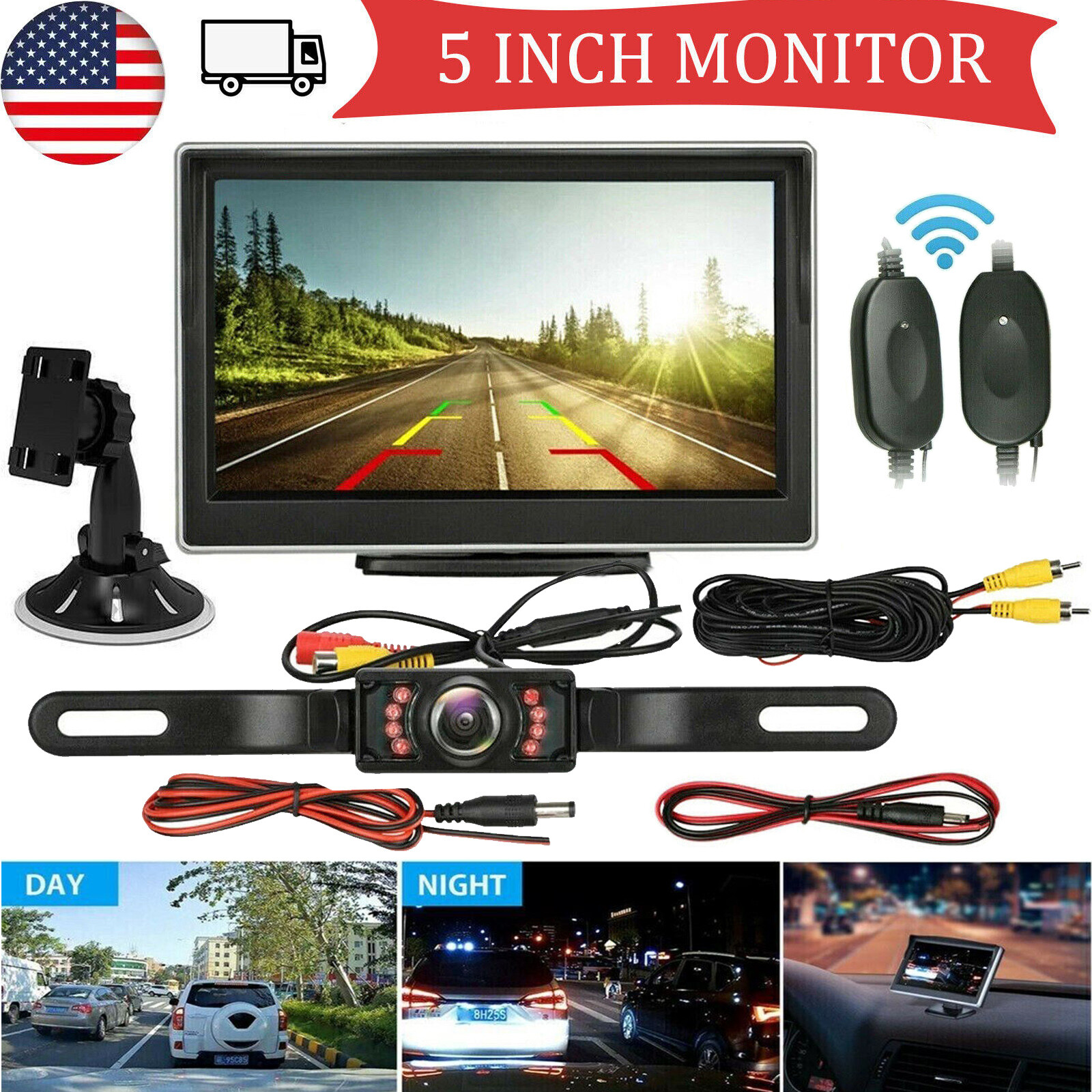 5" Monitor Backup Camera Car Rear View Wireless HD Parking System Night Vision
