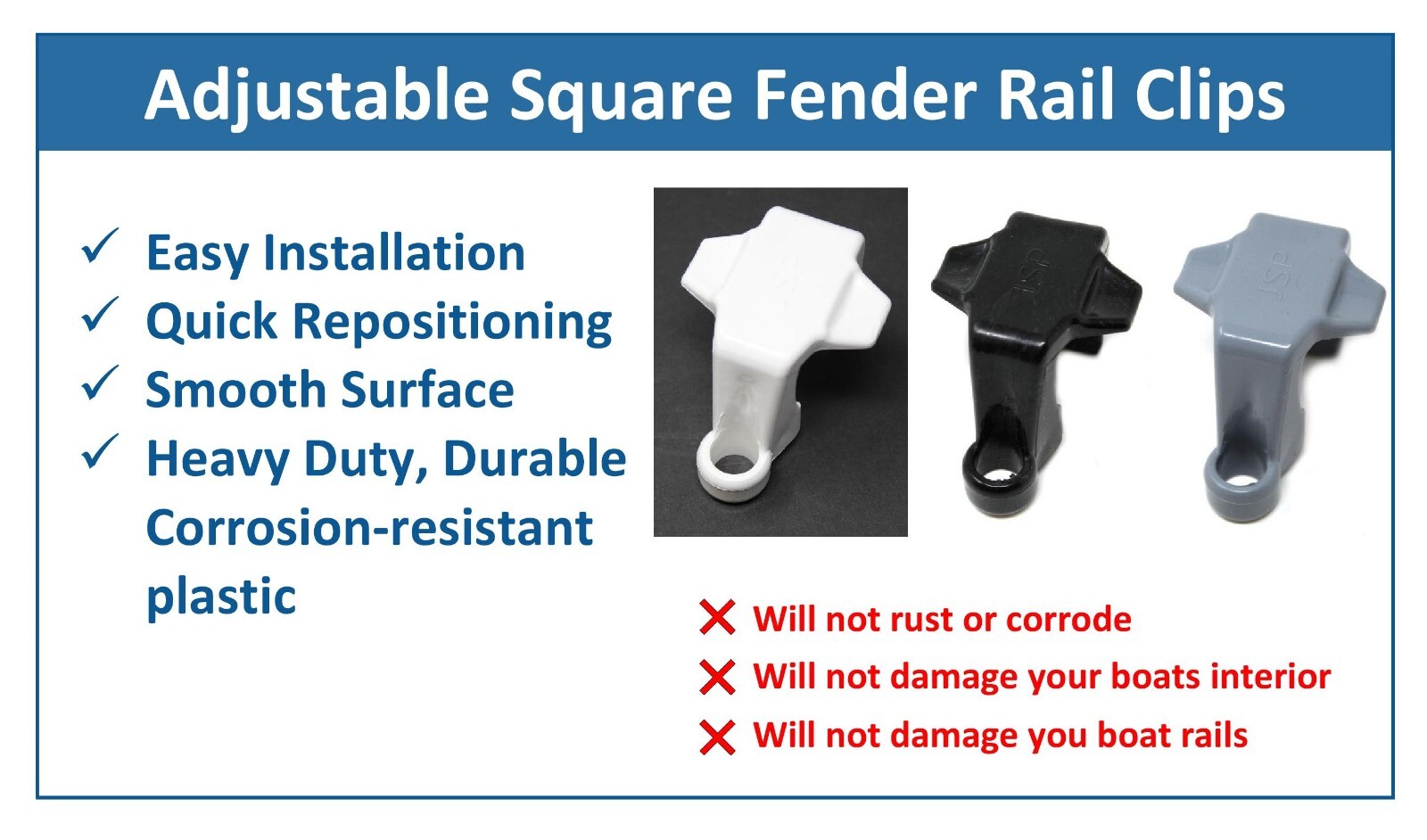 Plastic Pontoon Boat Square Rail Fender Adjuster Hanger Clip - Pick a Pack