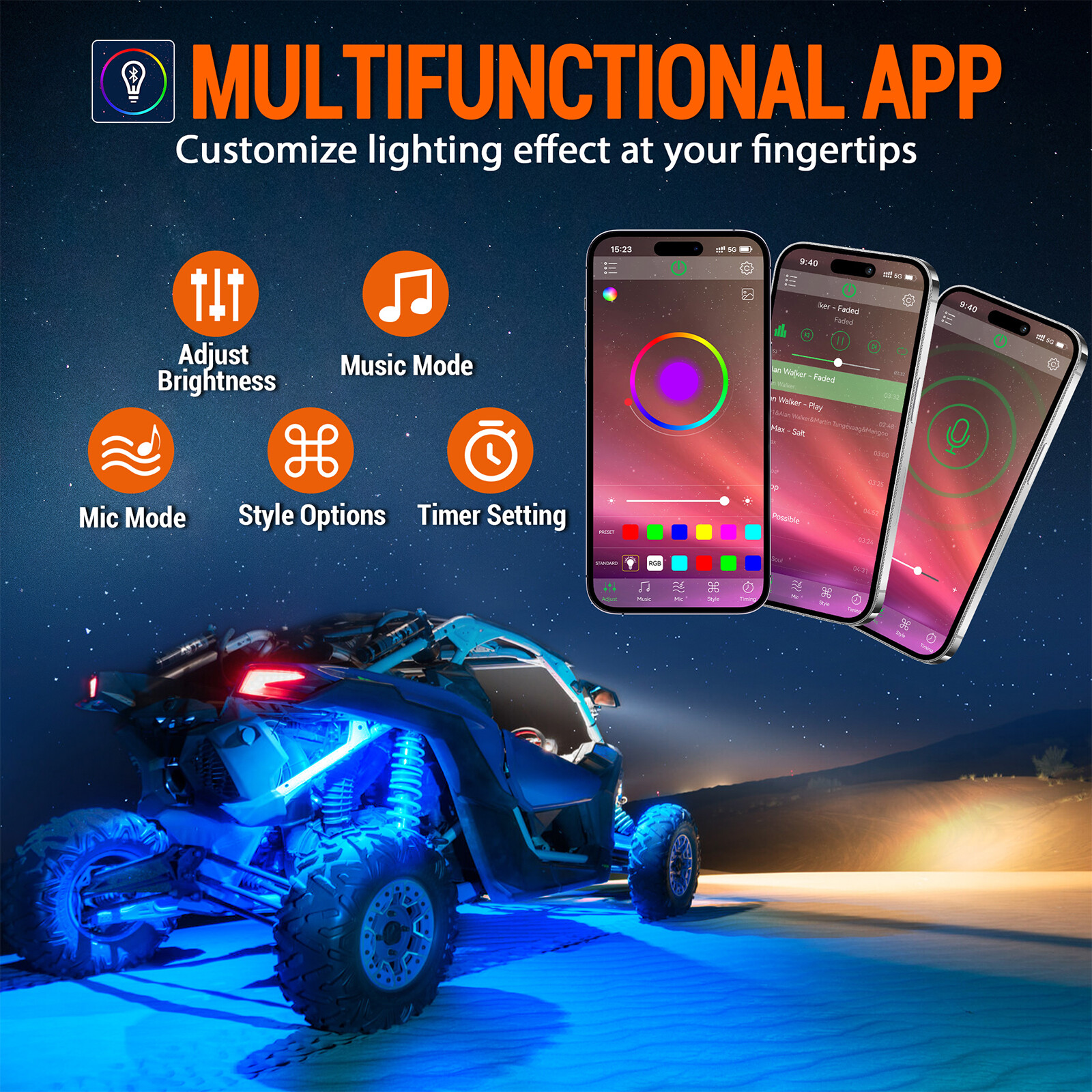 12 Pods RGB LED Rock Lights, 3 Control Way Bluetooth Remote & Fob Underbody Lamp