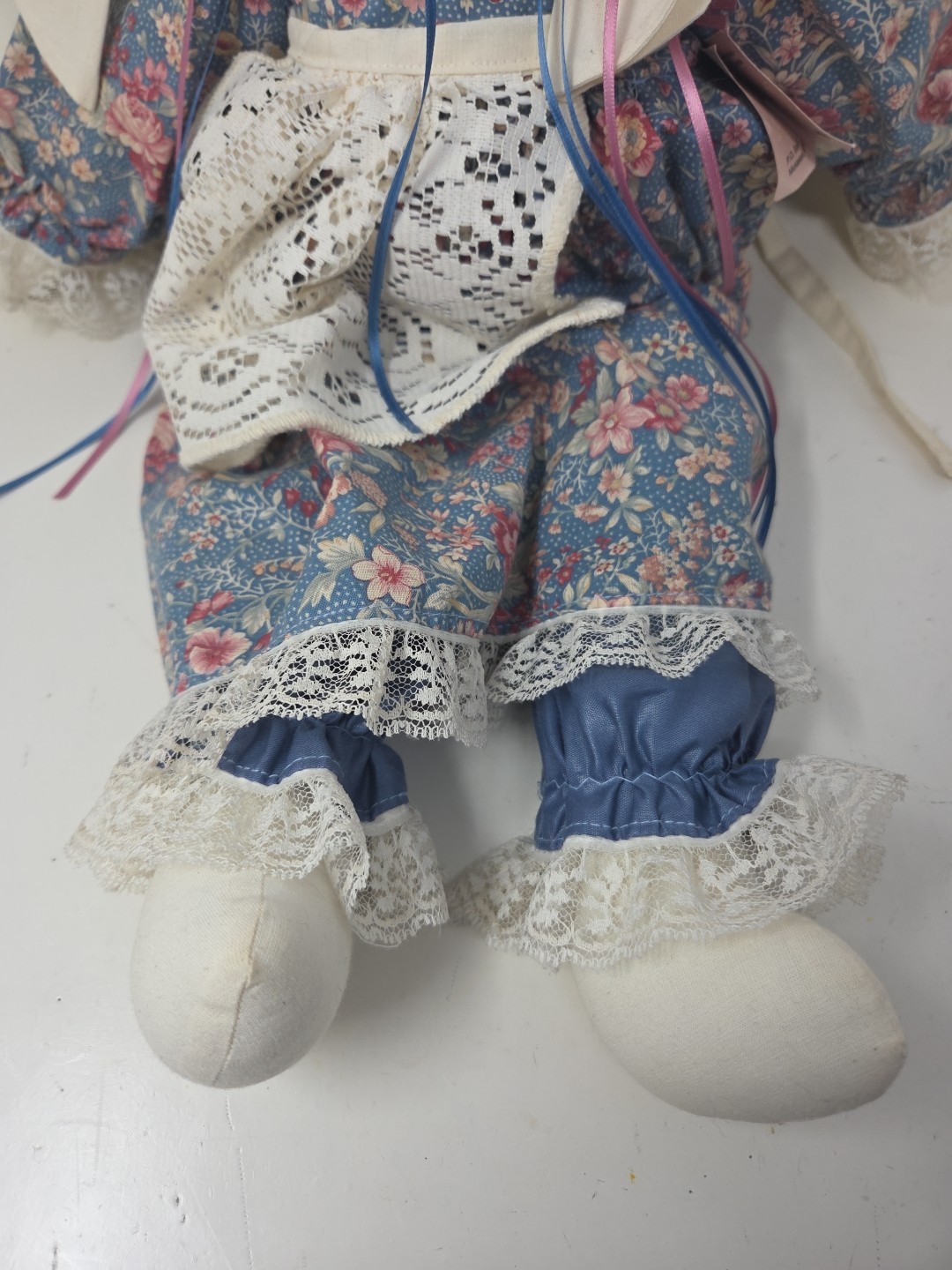 Vintage Handmade 19” Easter Bunny Rabbit Doll Flowers Floral Lace Dress & Apron