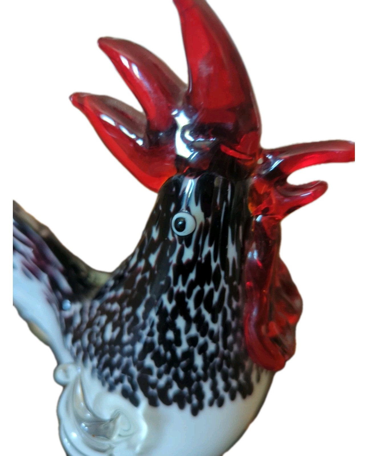 Black White Red Art Glass Heavy Rooster Bird Figurine Farm Decor Paperweight