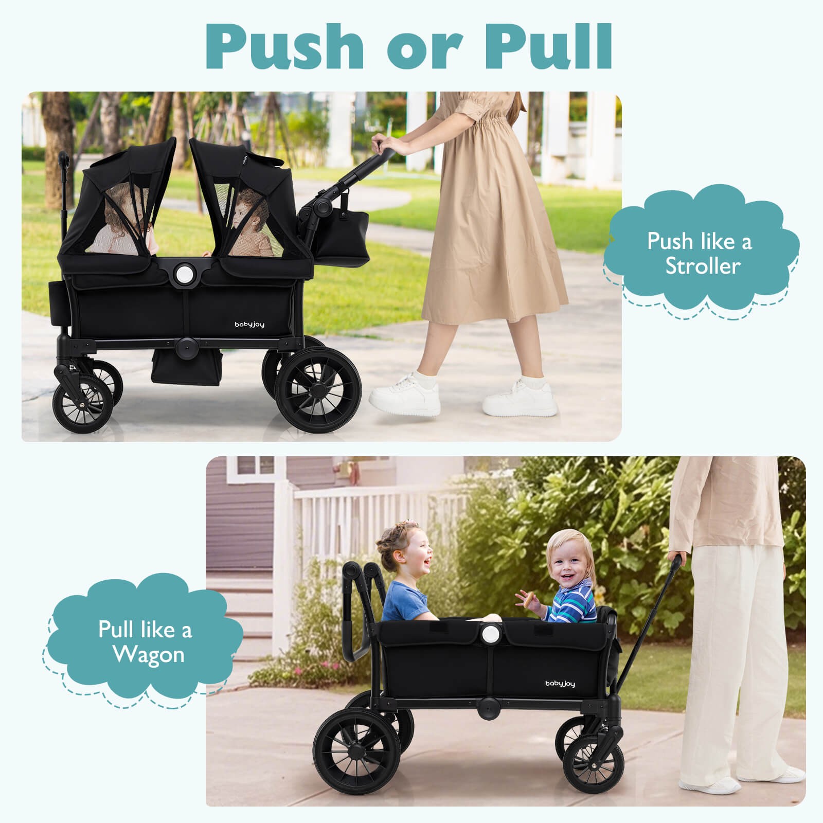 Wagon Stroller for 2 Kids Push Pull Double Stroller with Adjustable Handle