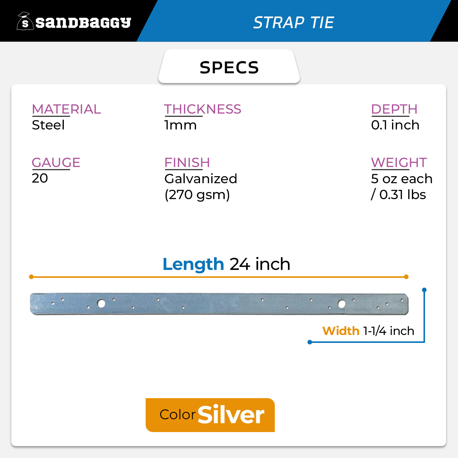Sandbaggy Galvanized Steel Strap Tie for Wood-to-Wood Connections