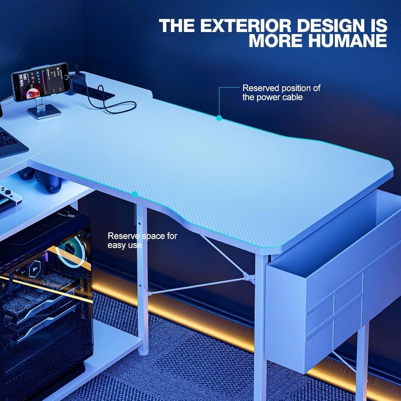 Gaming Desk with Power Outlets 48 Inch L Shaped with Shelves Storage Bag