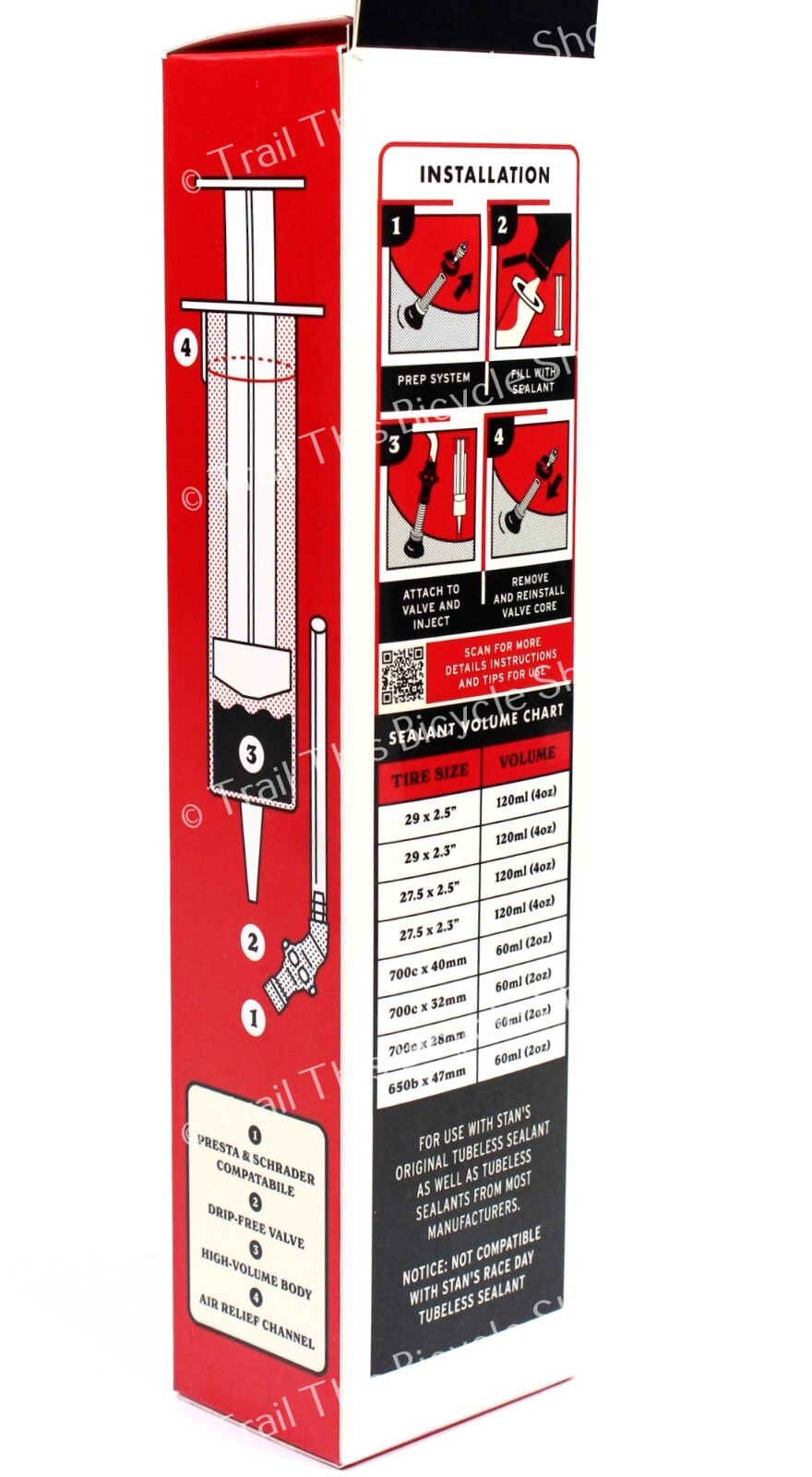 Stans No Tubes Tubeless Bike Tire Sealant Injector 5oz Syringe Presta / Schrader